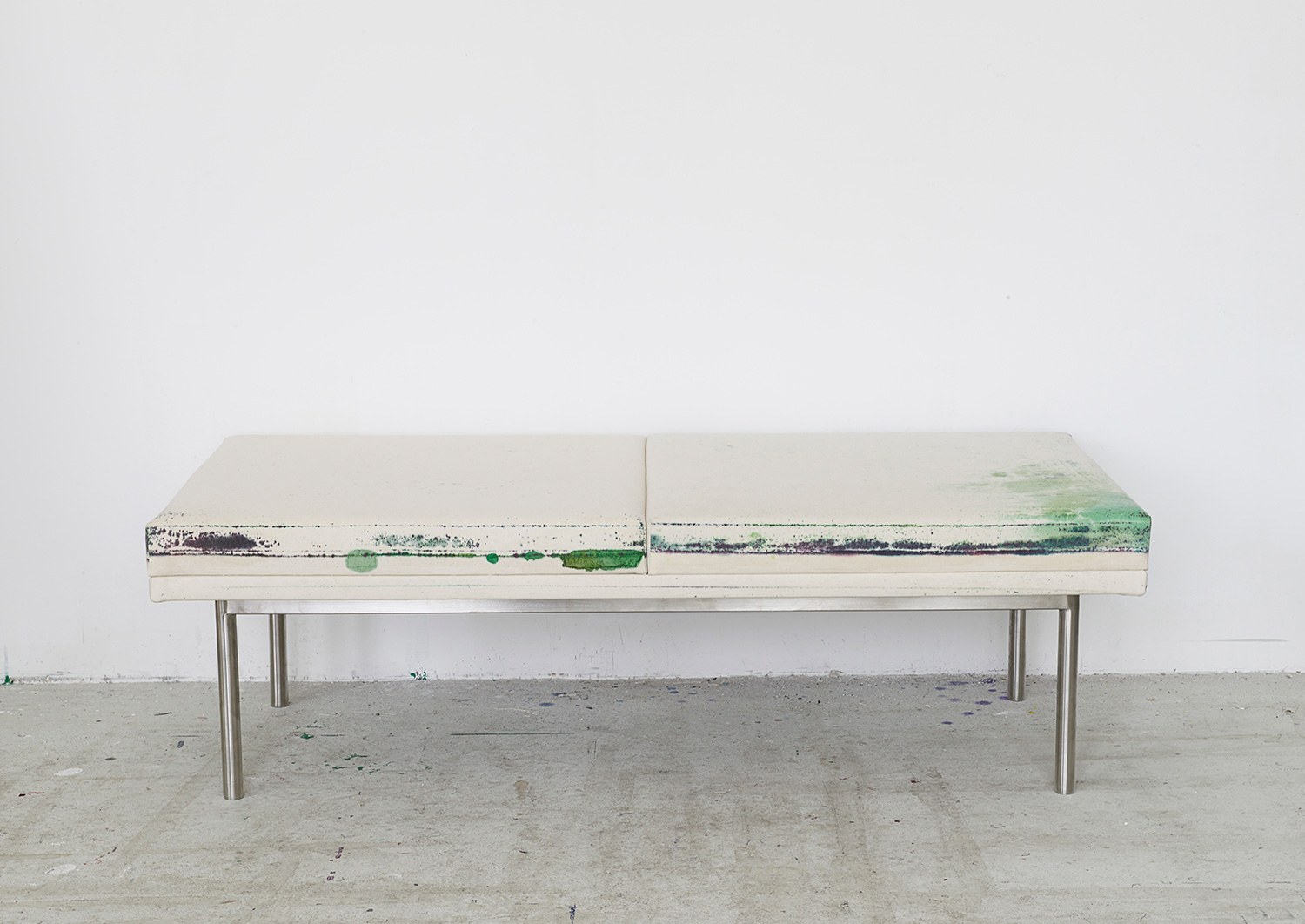  Waterhome museum bench (psychoplagiarist), 2013. 150 x 75 x 60 cm. oil on canvas, stainless steel frame, foam 