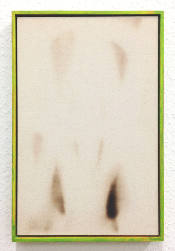  very invisible #7, 2020  35.5 x 23.5 cm. perfume and fire on canvas with artist frame 