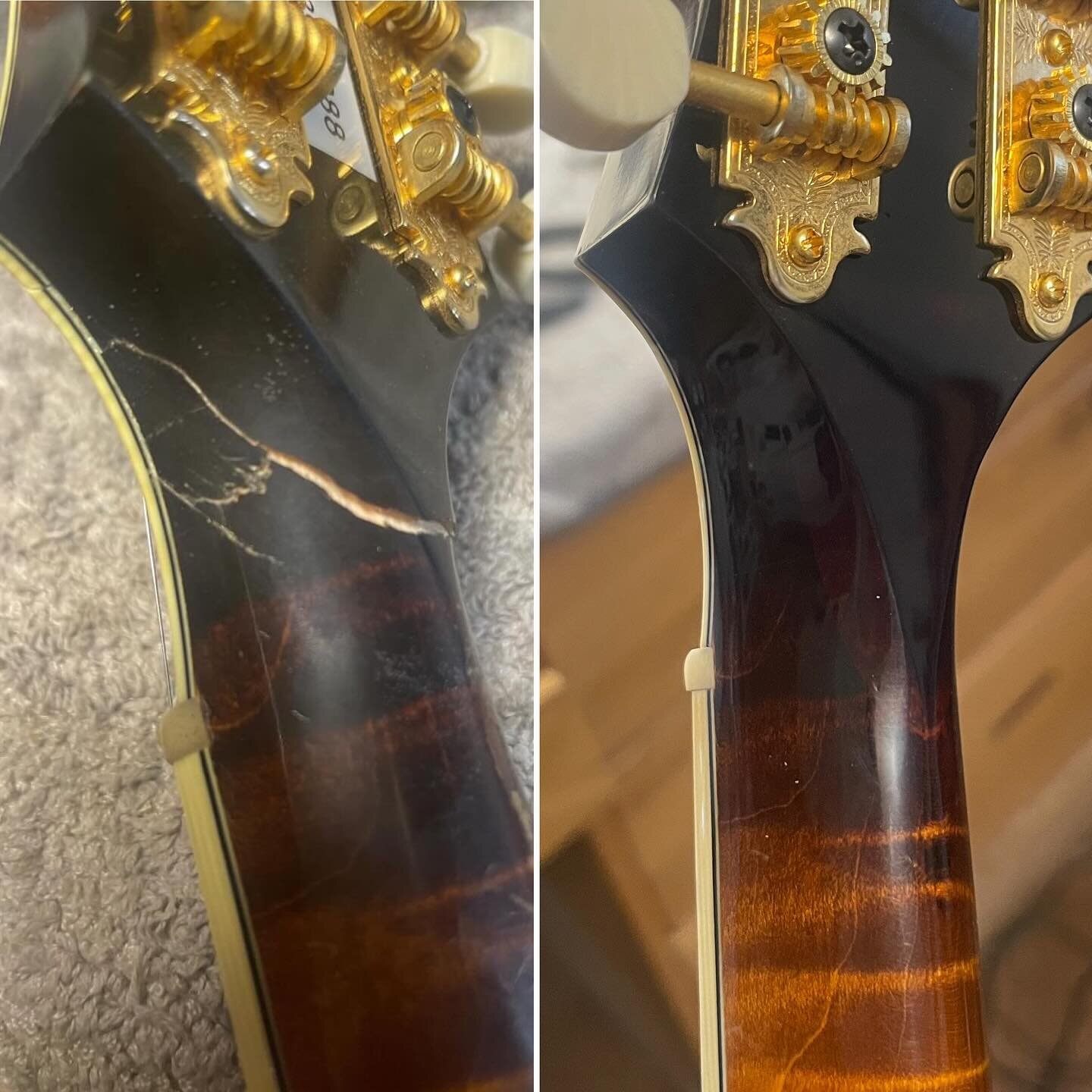 Collings MF5 headstock repair.
-
Broken headstock from falling off of a stand on stage 😩&hellip; I glued it back together with GFlex epoxy, added a flame maple splint, carved it back into shape, and did a lot of lacquer work.  I also gave it a refre
