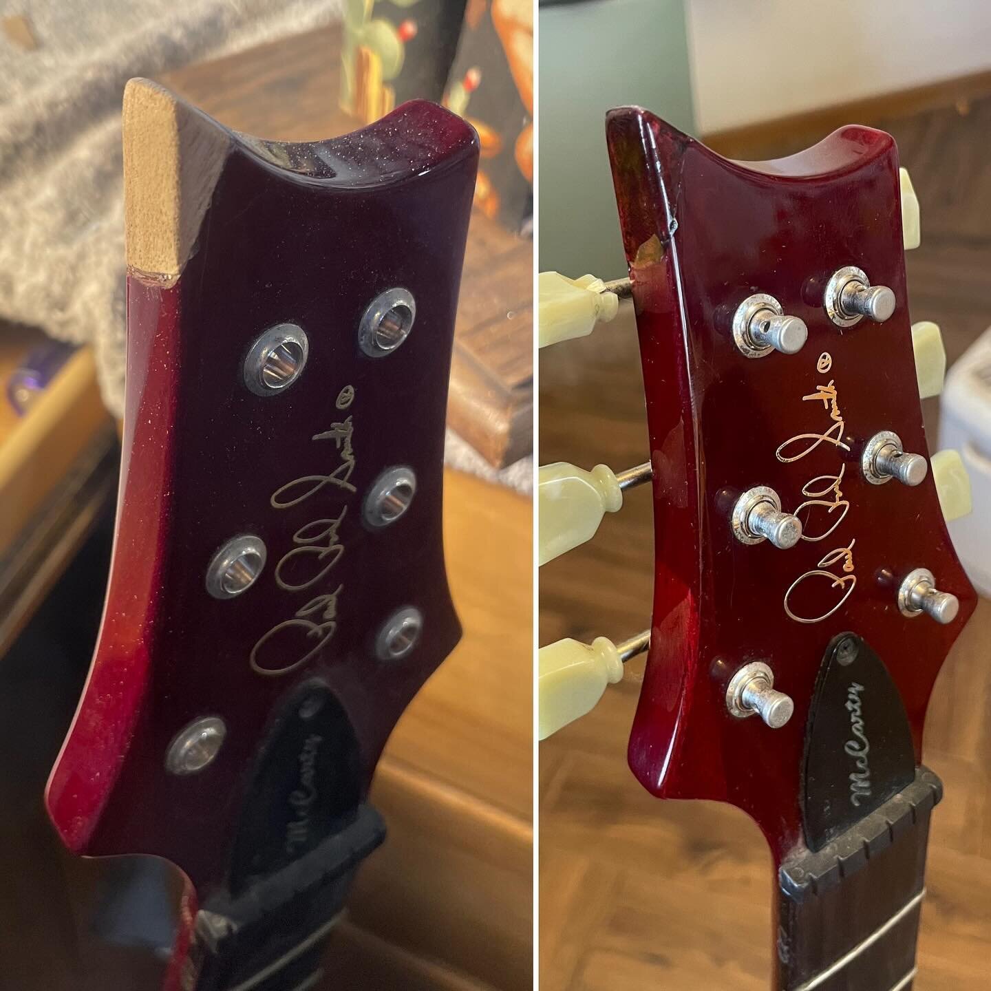 PRS McCarty headstock repair
-
This one&rsquo;s for all you cymbal-crashing lead guitar players out there 🤘🏻
-
Not &lsquo;perfect&rsquo;&hellip; but I did this in less than an hour.  It&rsquo;s hard to define the degree to which an instrument needs