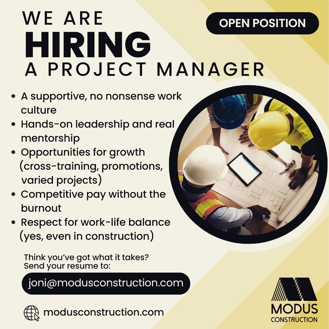 We&rsquo;re Hiring!
Modus Construction is looking for a skilled Project Manager to lead exciting new commercial builds. Think you&rsquo;ve got what it takes? Let&rsquo;s talk.
✅ Competitive pay
✅ Growing team
✅ Projects that make a difference
Apply t