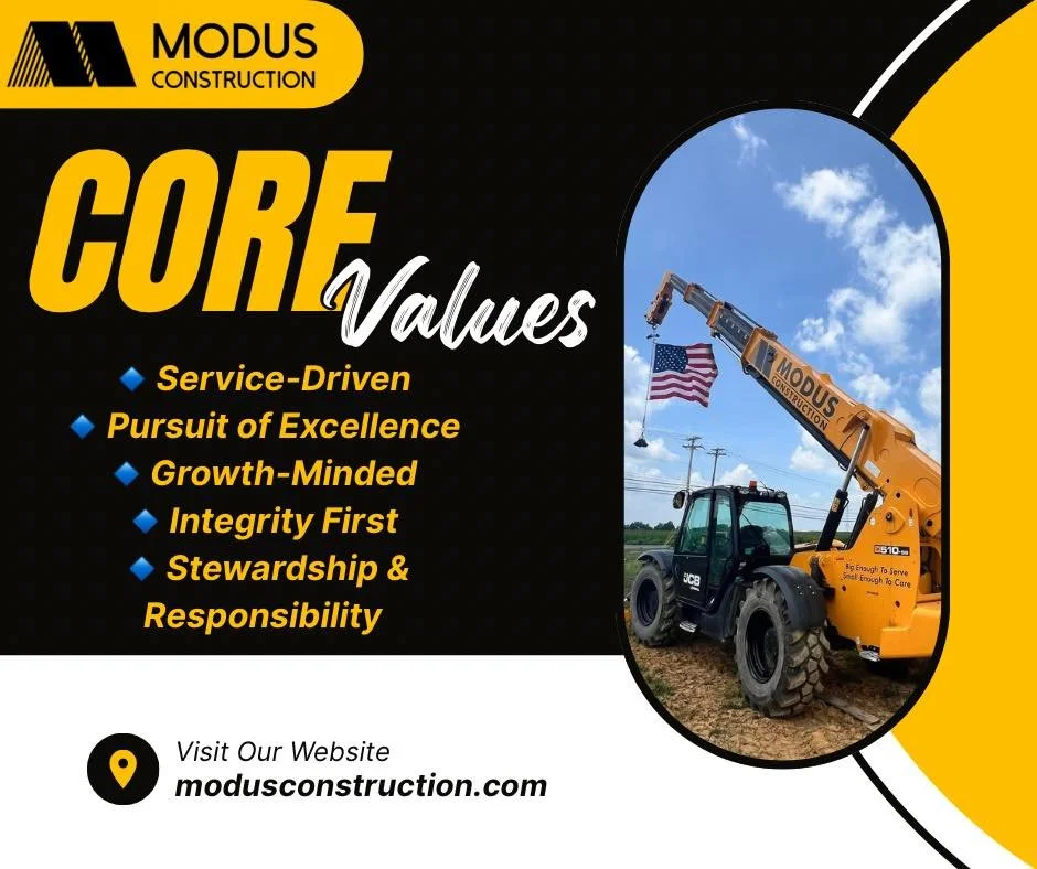At Modus Construction, Our Foundation Is More Than Concrete&mdash;It&rsquo;s Character.

We&rsquo;re proud to share our Core Values&mdash;the principles that guide every project, every interaction, and every member of our team:

🔹 Service-Driven &nd