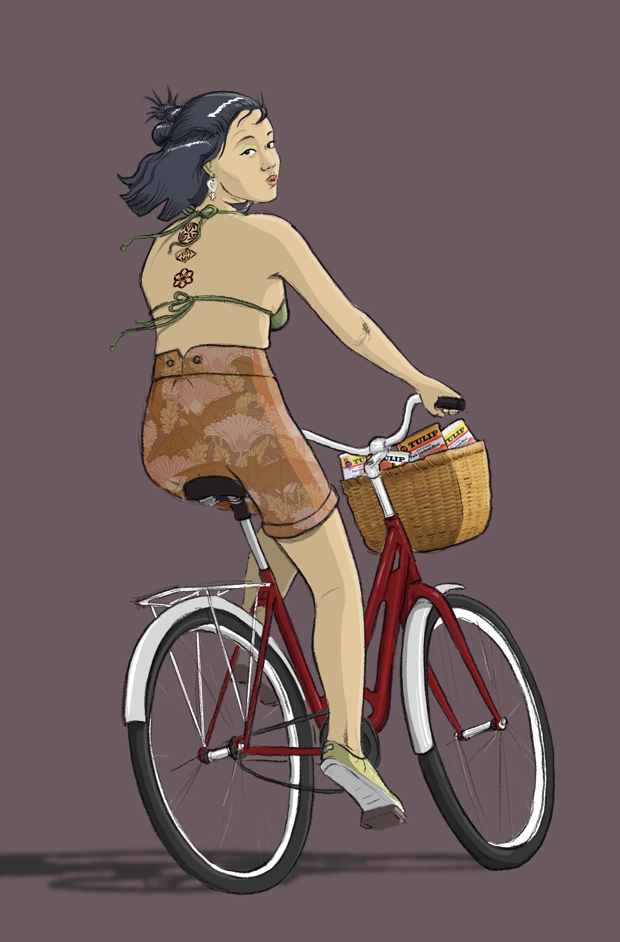 Koharu delivering Pork Luncheon Meat around Miyakojima.