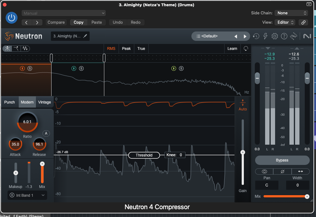 iZotope Neutron 4 plugin showing dips after the kick hits, cleaning up mud