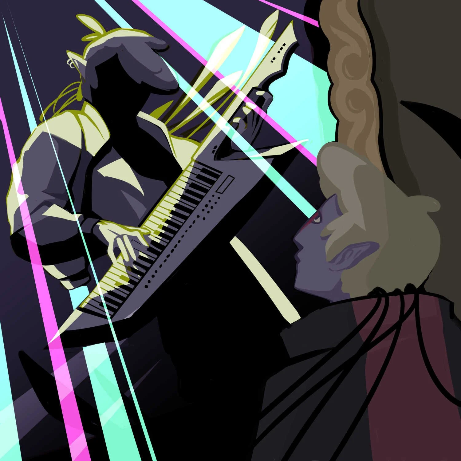 An awesome keytar player, majestically backlit, with a twink-like bird alien gazing at him in awe