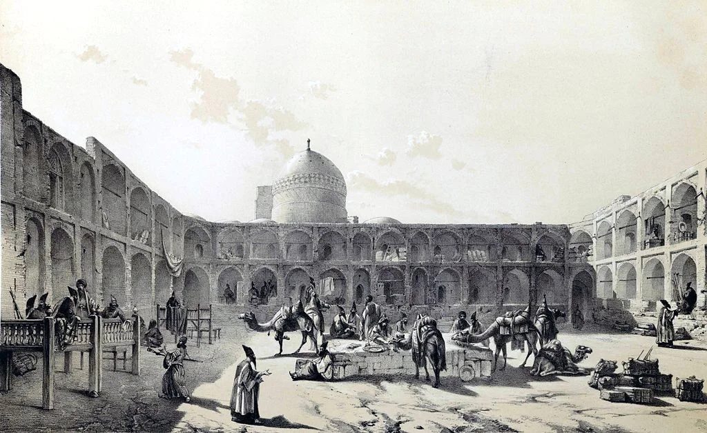 Caravanserai of Qazvin by Eugène Flandin in Persia
