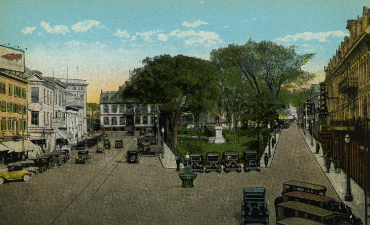  Washington Square looking east, early 1920’s. The 4-story building on left will become the Savings Bank building in a few short years. 