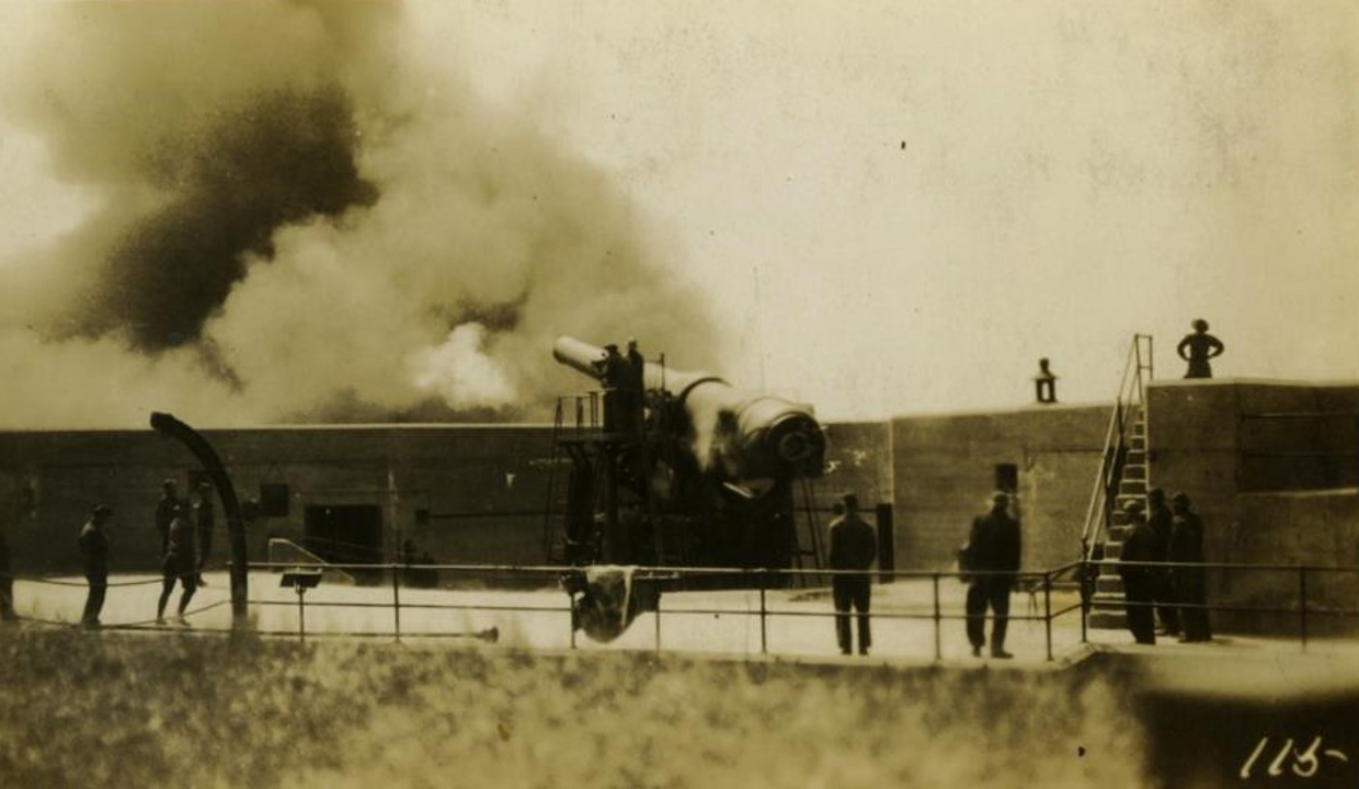  This image show Battery Reilly, Fort Adams, a 10” Disappearing rifle being fired. Although Thornton did not service the batteries at Fort Adams, he would have been quite familiar with the area. This emplacement still exists, sans ordnance. 