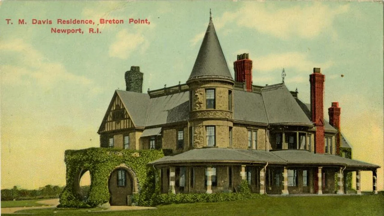“And drew up to the seawall before the Budlong House. The wind in my face, I gazed across the sea towards Portugal.” T.M. Davis-Budlong Estate "The Reef“ The Reef was built between 1876 and 1883 by Theodore M. Davis, copper magnate, author, collector, and renowned Egyptologist. Sturgis & Brigham created an elegant shingle and stone clad Queen Anne villa destined to house Davis’ collection of old master paintings, largely bought through the art consultant Bernard Berenson, and later bequeathed to the Metropolitan Museum of Art in New York. A landscape gardening enthusiast, M. Davis also created some of the most beautiful and extensive formal gardens in Newport. In 1915, following Davis’ death, the eighteen-acre estate was purchased by Mr. and Mrs. Milton J. Budlong of Providence. The Budlongs divorced in 1928, and the property was placed in contention. The house, never again lived in by the family, passed to Miss Frances Budlong. During WW II, anti-aircraft gun emplacements were set up around the house, which housed gunnery personnel. Vandalized throughout the 1950s, the villa was set on fire in 1961 and demolished on May 25, 1963. The site is now a state park with a restored Davis-era service bungalow and carriage house/stable built by the architect Theodore Davis Boal of Washington.