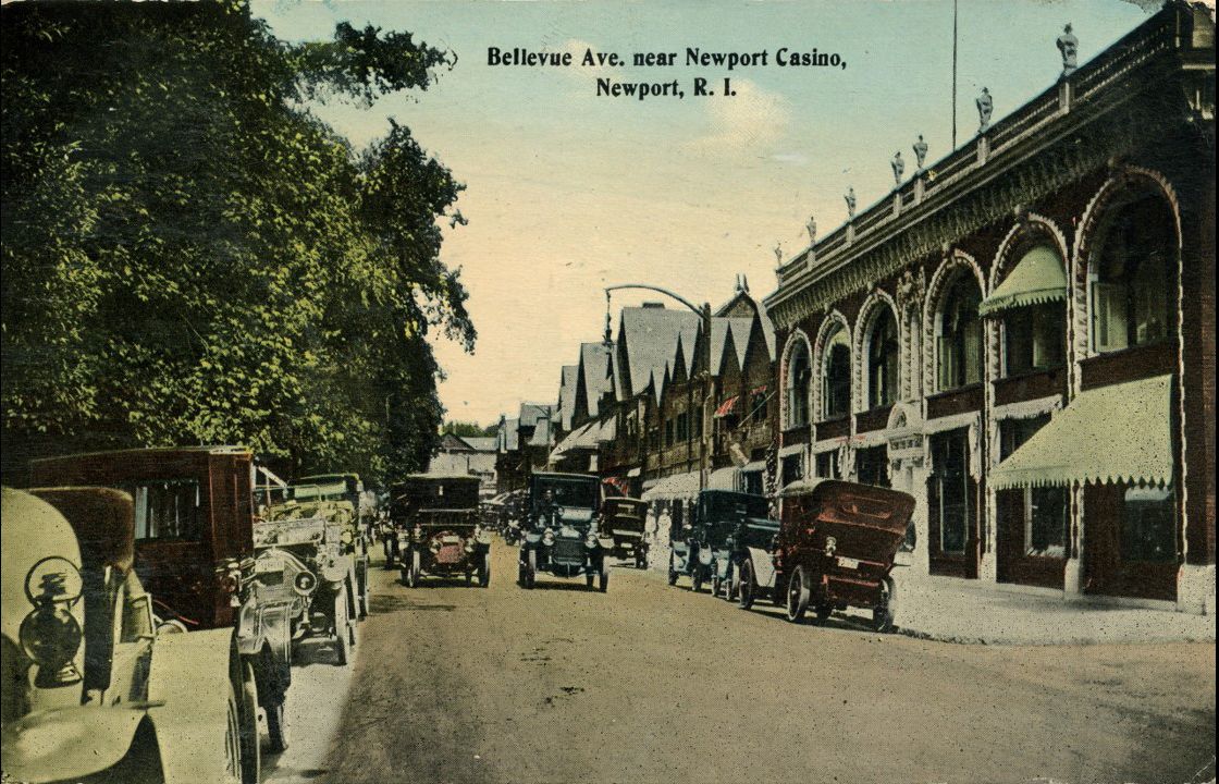  Looking north up Bellevue Avenue from in front of the Ocean House (now Stop &amp; Shop) property. On the right is the Audrain Building, King Block, and Newport Casino where Theophilus taught tennis. 