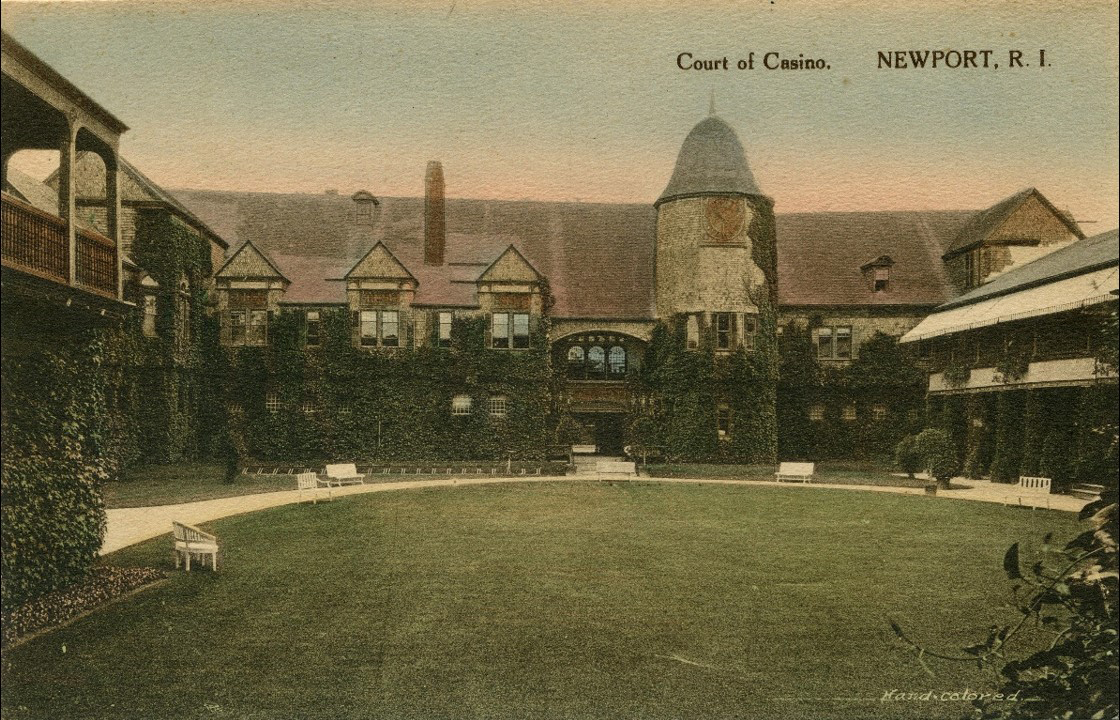 The original grass tennis court of the Newport Casino in a c. late 1890’s.