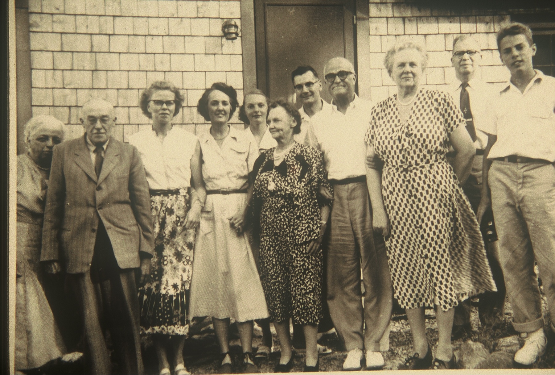 A gathering of Wilders in Blue Hill circa 1949: left to right, Margaret Todd &amp; Charles Todd, Elaine Wilder LeClair, Catharine K. Wilder (Mrs. Amos N.) Catharine Wilder, Emma McCully, Ray LeClair, Thornton Wilder, Gertrude &amp; Max Wilder and Ta…