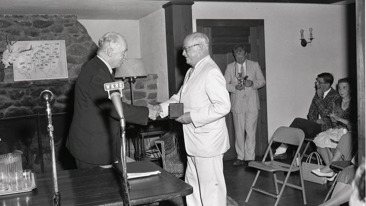 Wilder accepting the first MacDowell Medal from James Johnson Sweeney, president of the Edward MacDowell Association on August 13, 1960. (Photo by Herbert Whitney)