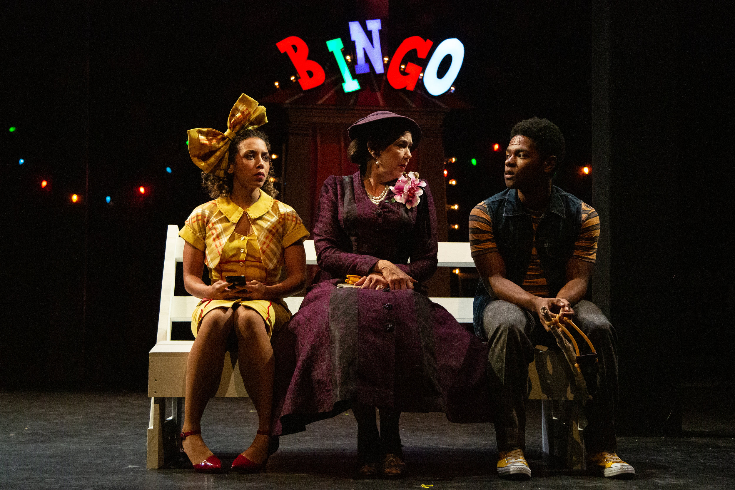 Claire Saunders, Harriet Harris and Marcus Gladney, Jr. in Berkshire Theater Group’s production of The Skin of Our Teeth, 2019 (photo by Emma K. Rothenberg Ware)