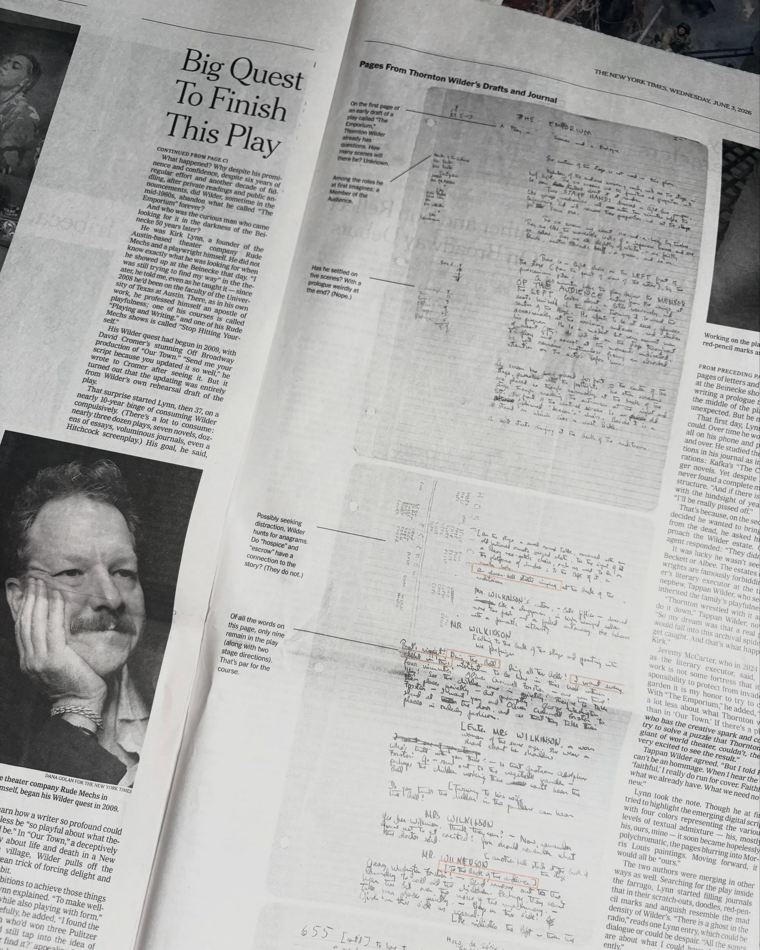 Jesse Green&rsquo;s fascinating piece about Wilder&rsquo;s play The Emporium and writer Kirk Lynn&rsquo;s big quest to finish it is in today&rsquo;s print edition @nytimes and looks fabulous in black and white!

Head to #linkinbio to read the full ar