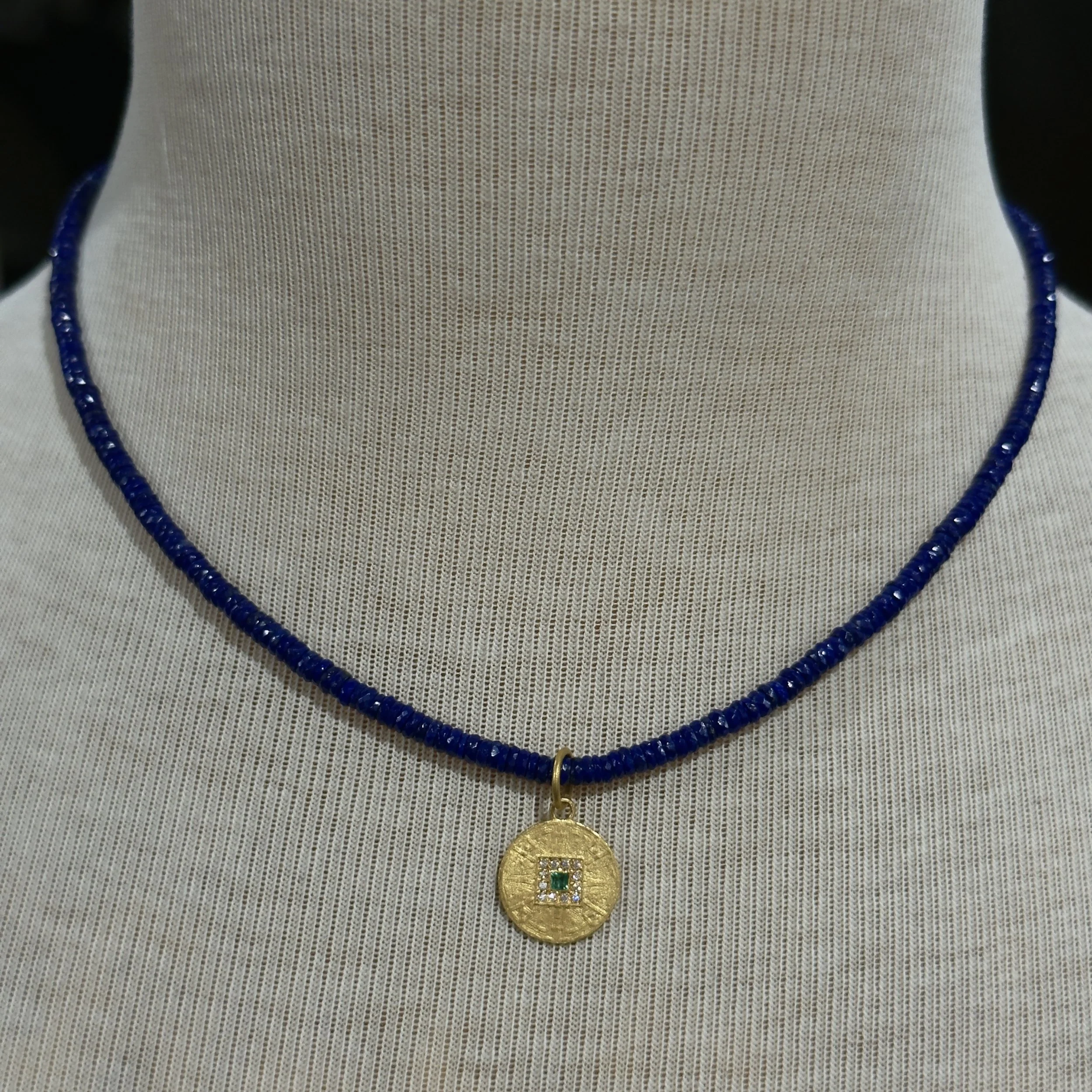 Lapis Lazuli with 24K Gold Disc with Emerald and Diamonds