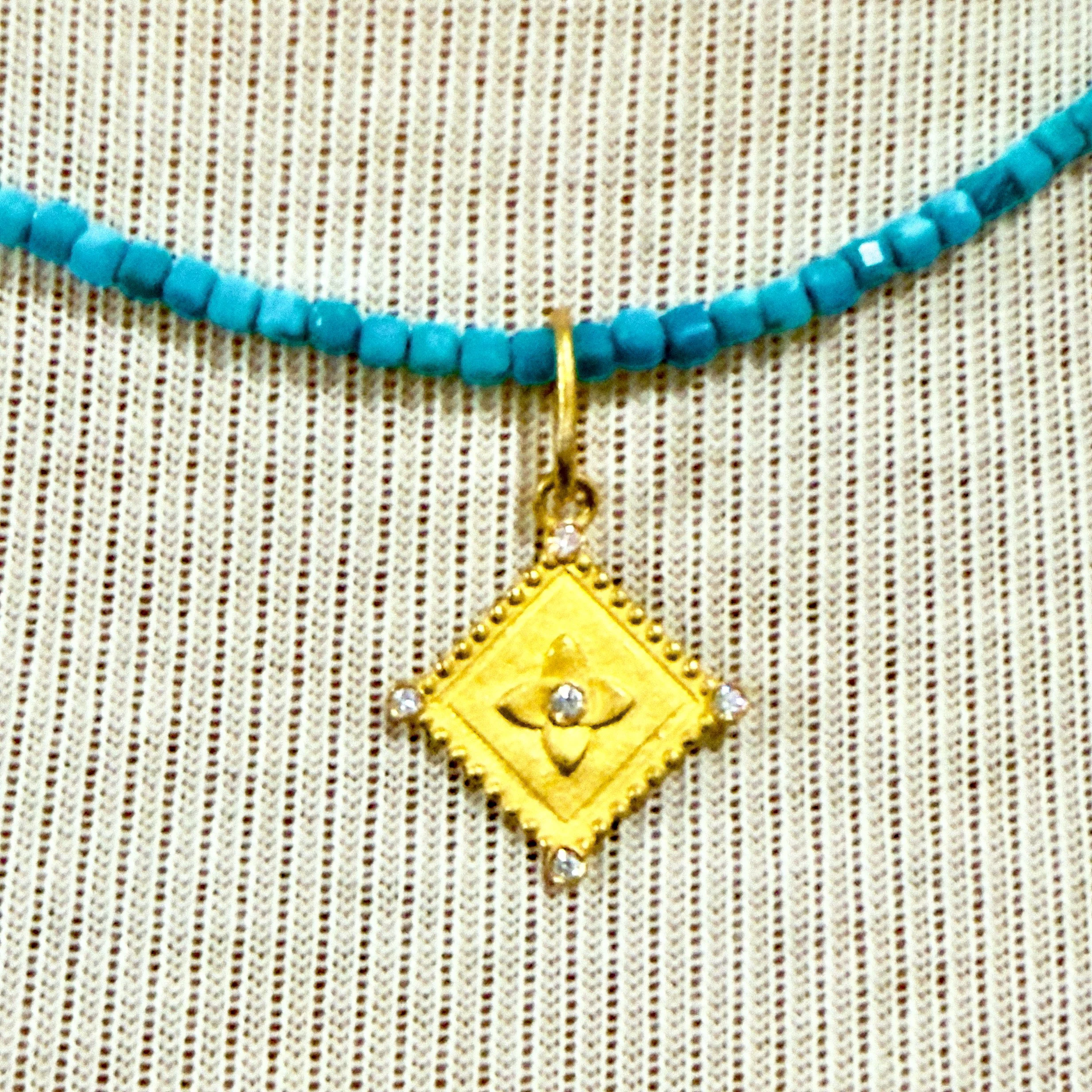 24K Gold and Diamond Pendant on Turquoise Necklace