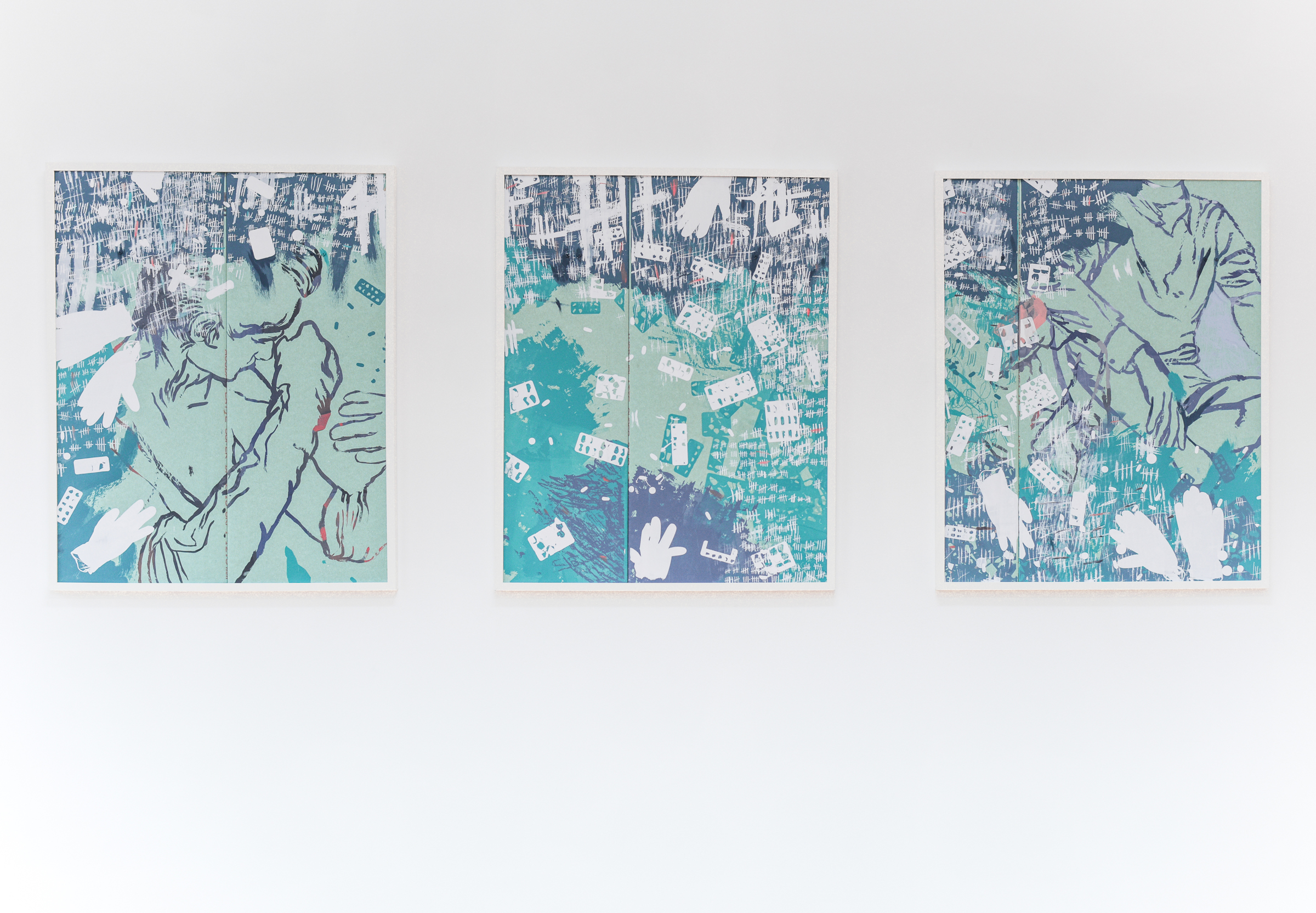 THIS WILL MAKE YOU LOVE AGAIN acrylics on plasterboard, unique screenprint and painting tryptichon, each 70 x 100 cm, framed, 2018