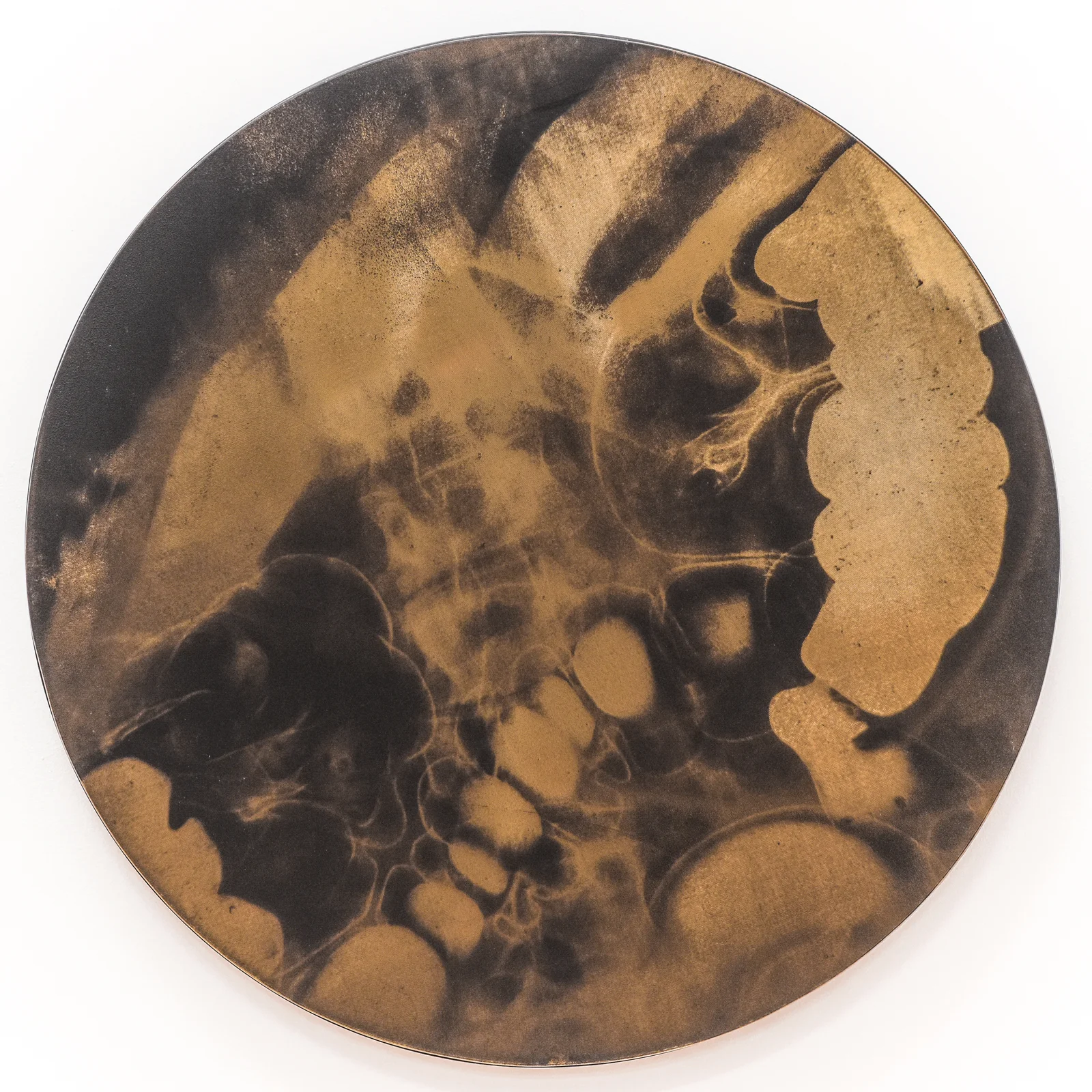 IN MY GUTS - ACT I acrylics on mirror glass & wood, unique screen print from human x-ray Ø 52 cm x 3 cm, 2018