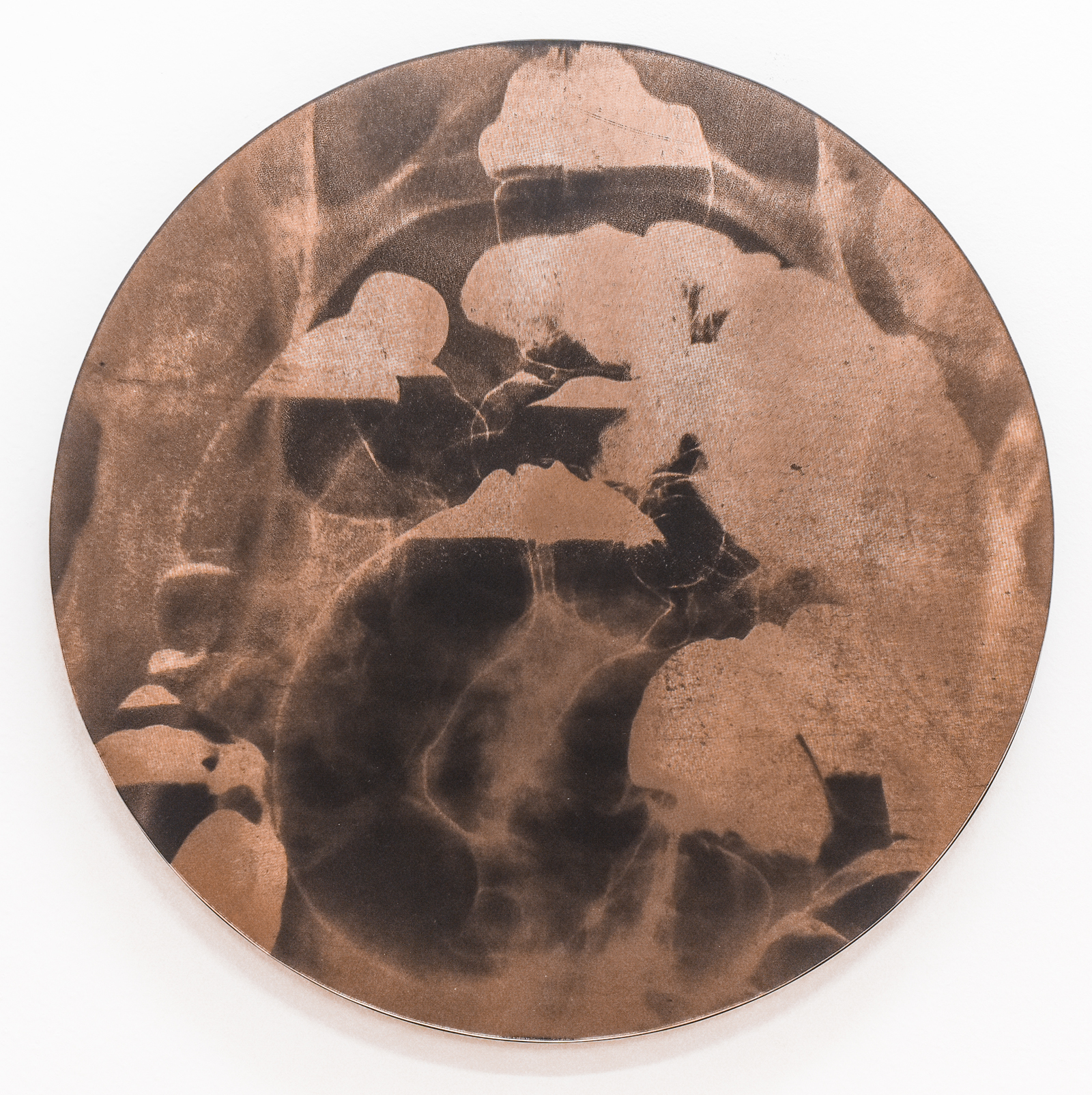 IN MY GUTS - version in rosé acrylics on mirror glass & wood, unique screen print from human x-ray Ø 52 cm x 3 cm, 2018