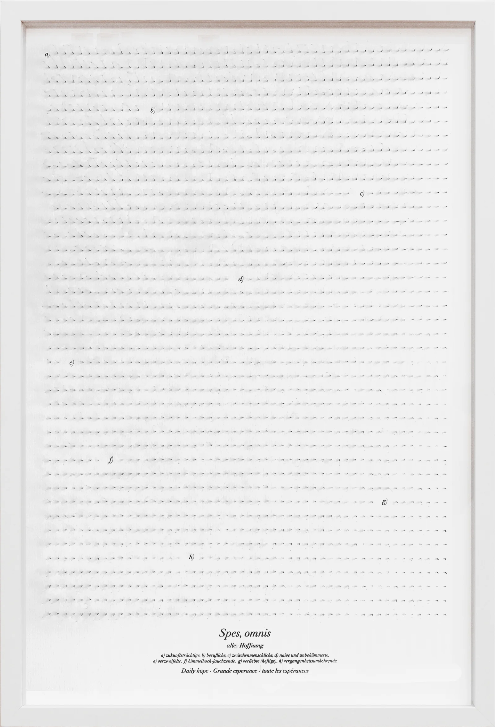 SPES, OMNIS - daily hope 2035 dandelion seeds and acrylic writing on paper 40 x 60 cm, framed, 2018