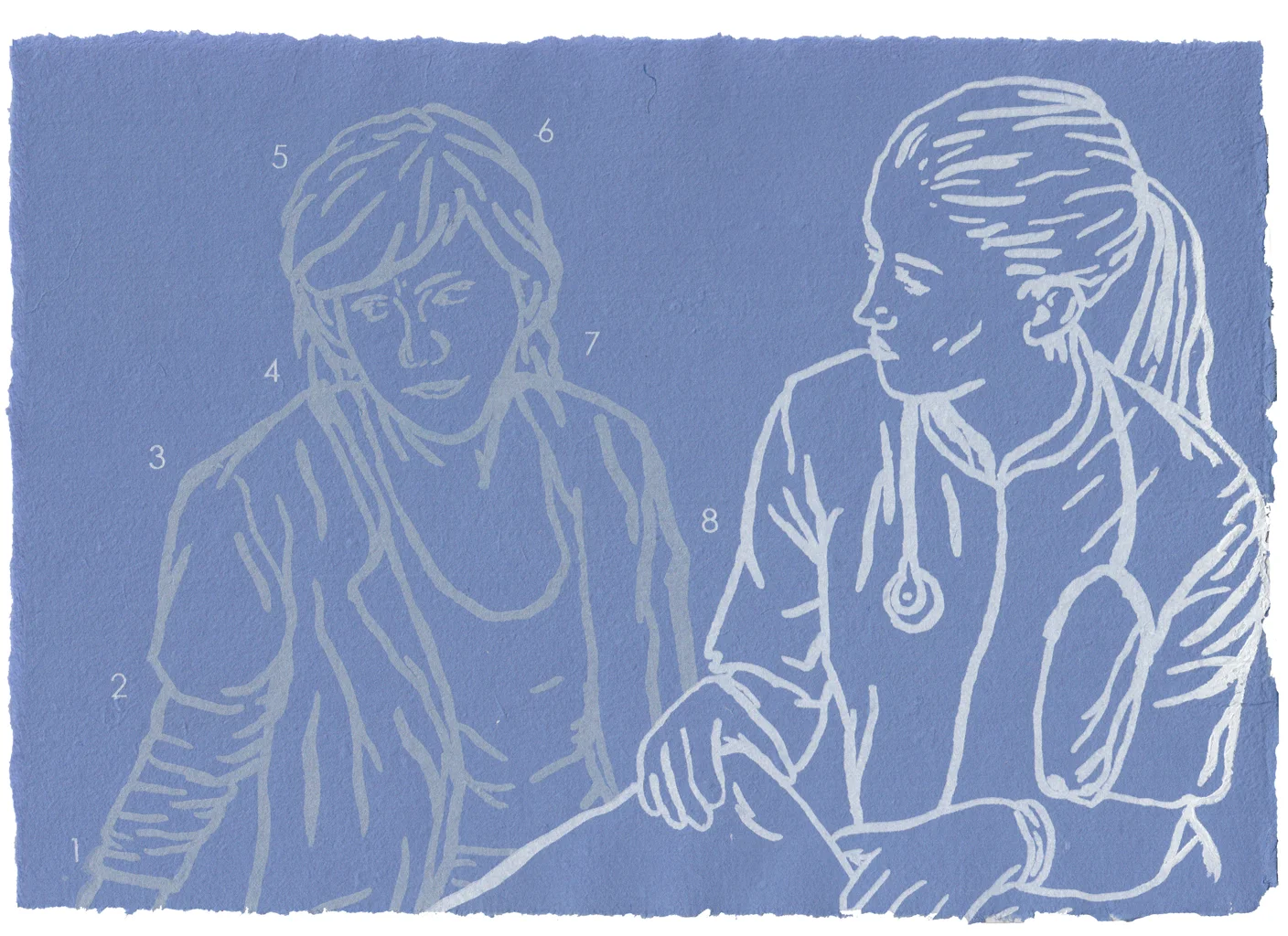 PRACTISE BY NUMBERS - No. 5 unique screen print on handmade paper made from old surgical gowns 23 x 33 cm, 2018-19