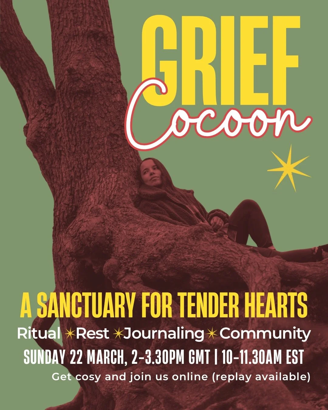 Let your grieving heart be held here 💛

Grief Cocoon is this Sunday. A monthly sacred space of ritual, journaling, meditation and optional sharing circle. 

Where a beautiful group of humans from across the continents gather in griefy solidarity. 

