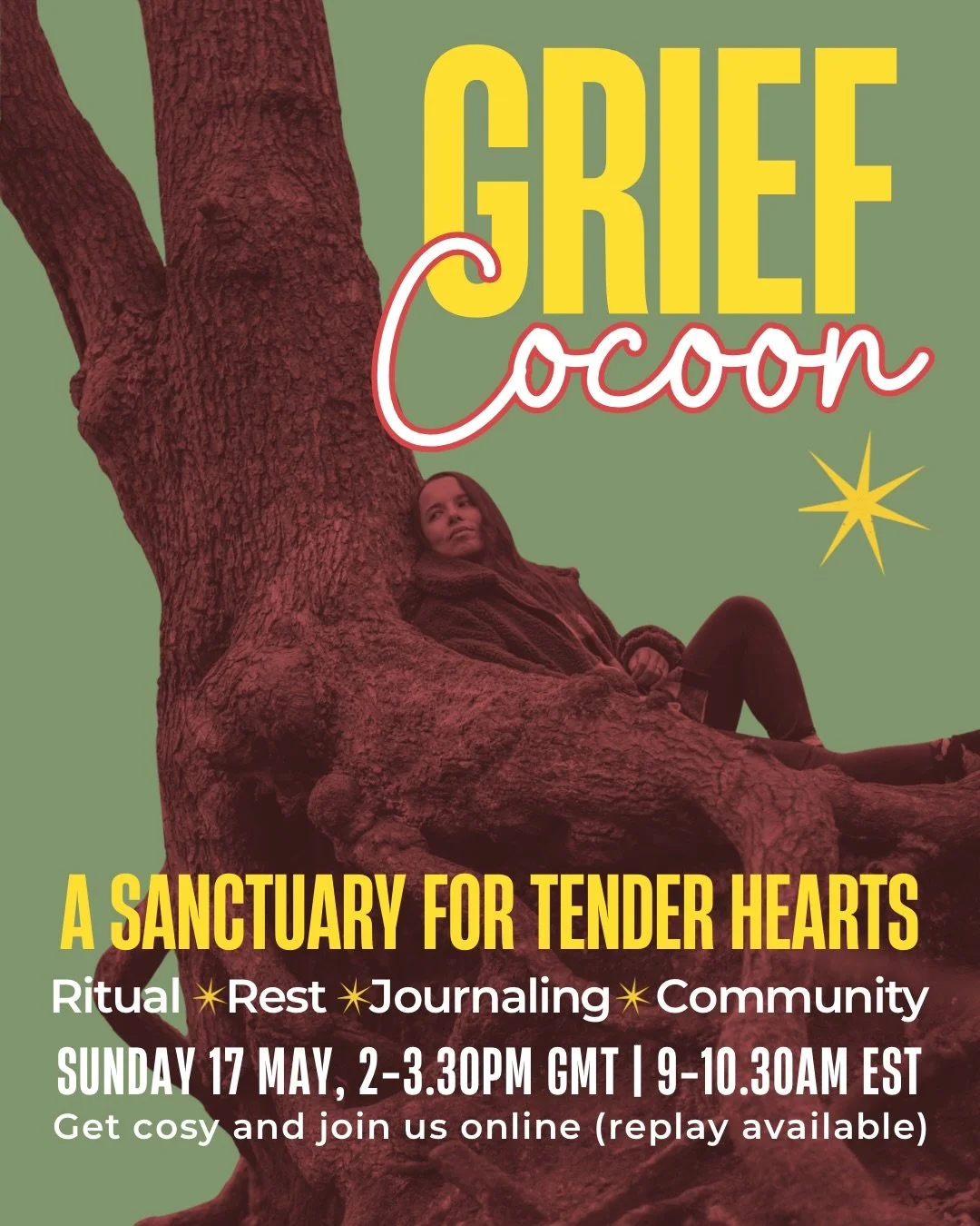 Let your grieving heart be held here 💛

My next Grief Cocoon workshop is coming up on Sunday 17 May. 

A monthly grief support workshop that is a sacred space of guided ritual, journaling, meditation and optional sharing circle. 

Where a beautiful 