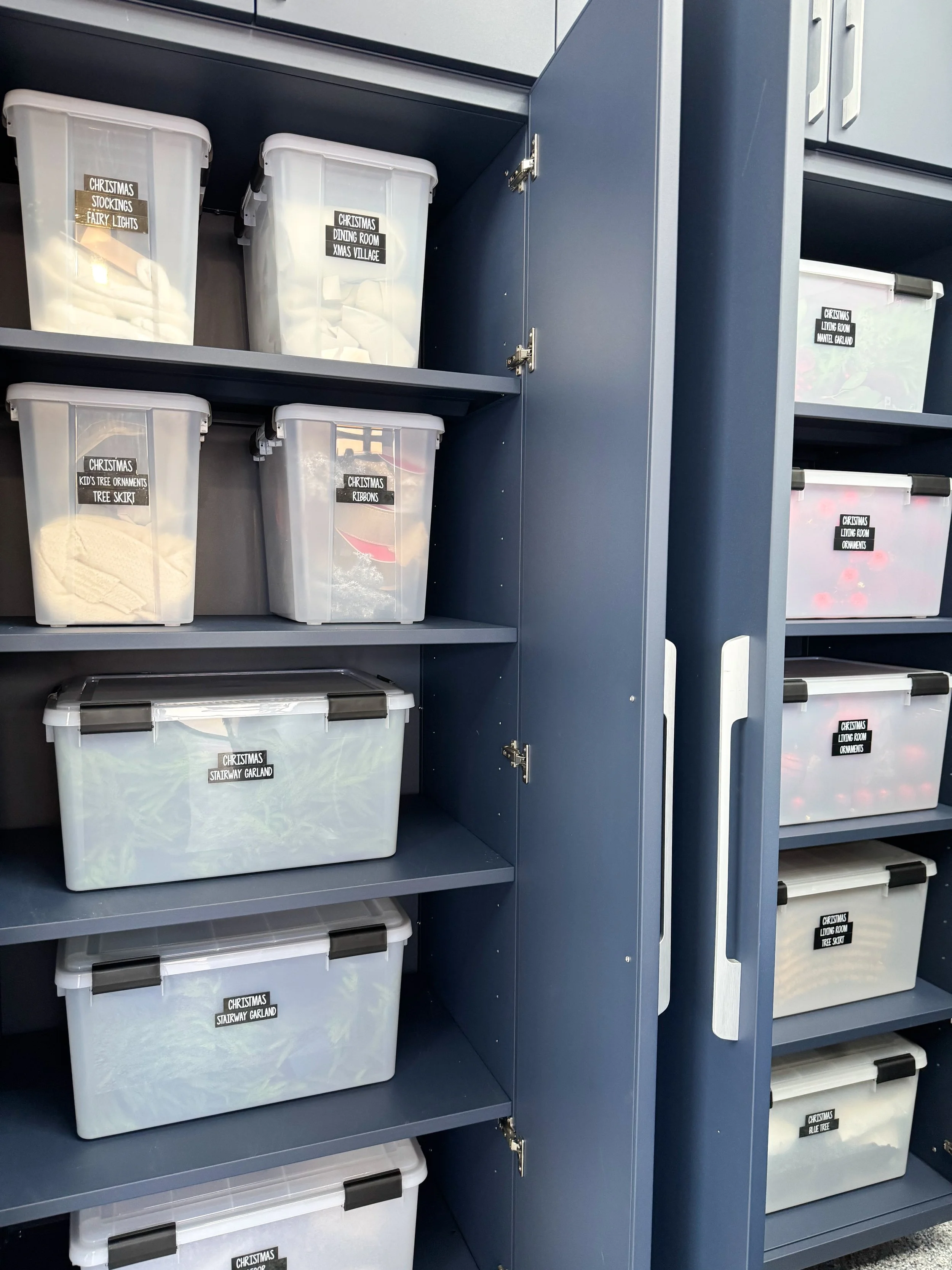 Labeled garage storage totes in Dallas