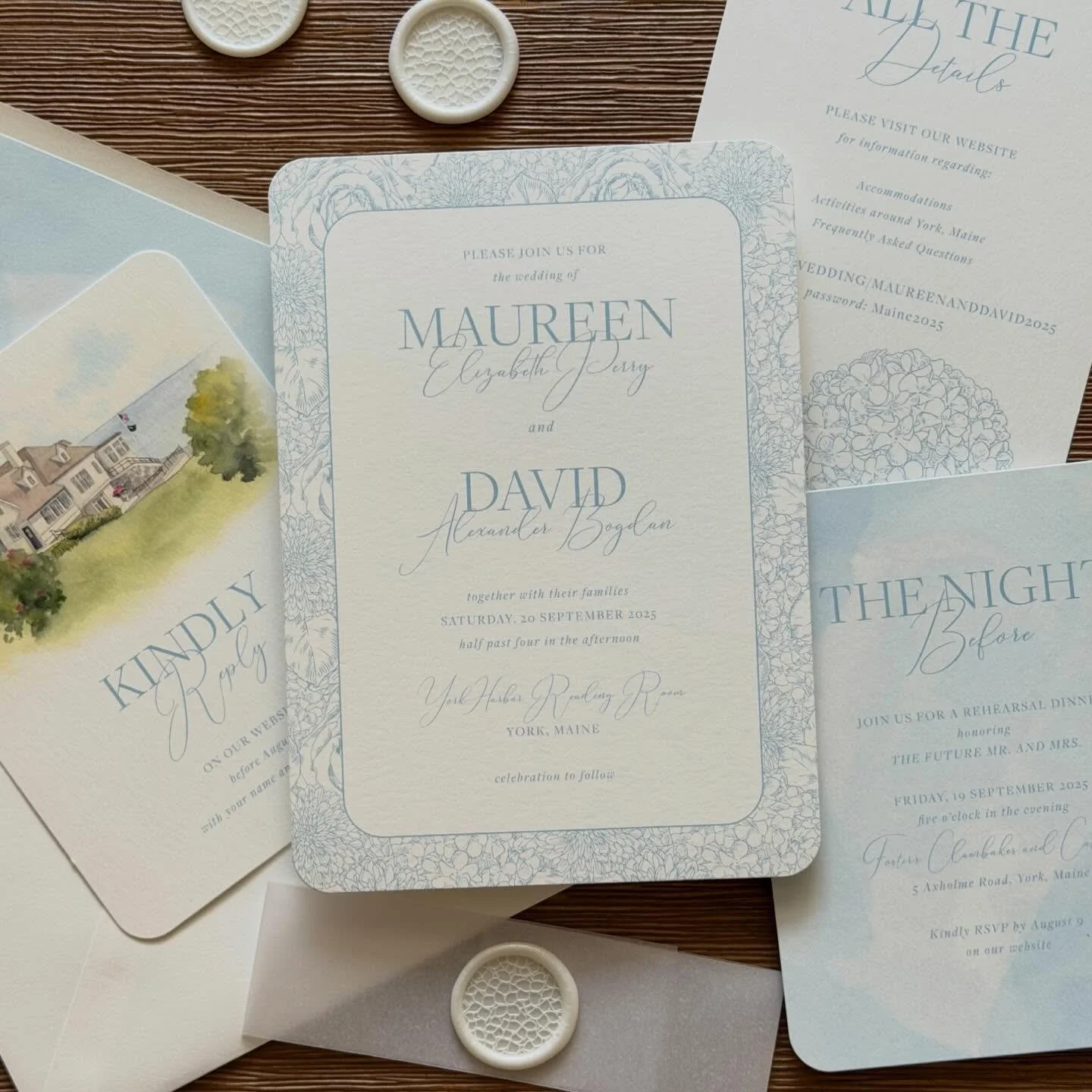 This suite takes my breath away away every time I see it #capecodwedding #customweddinginvitations #weddingstationerydesign @thelighthousesketchbook #hydrangeawedding
