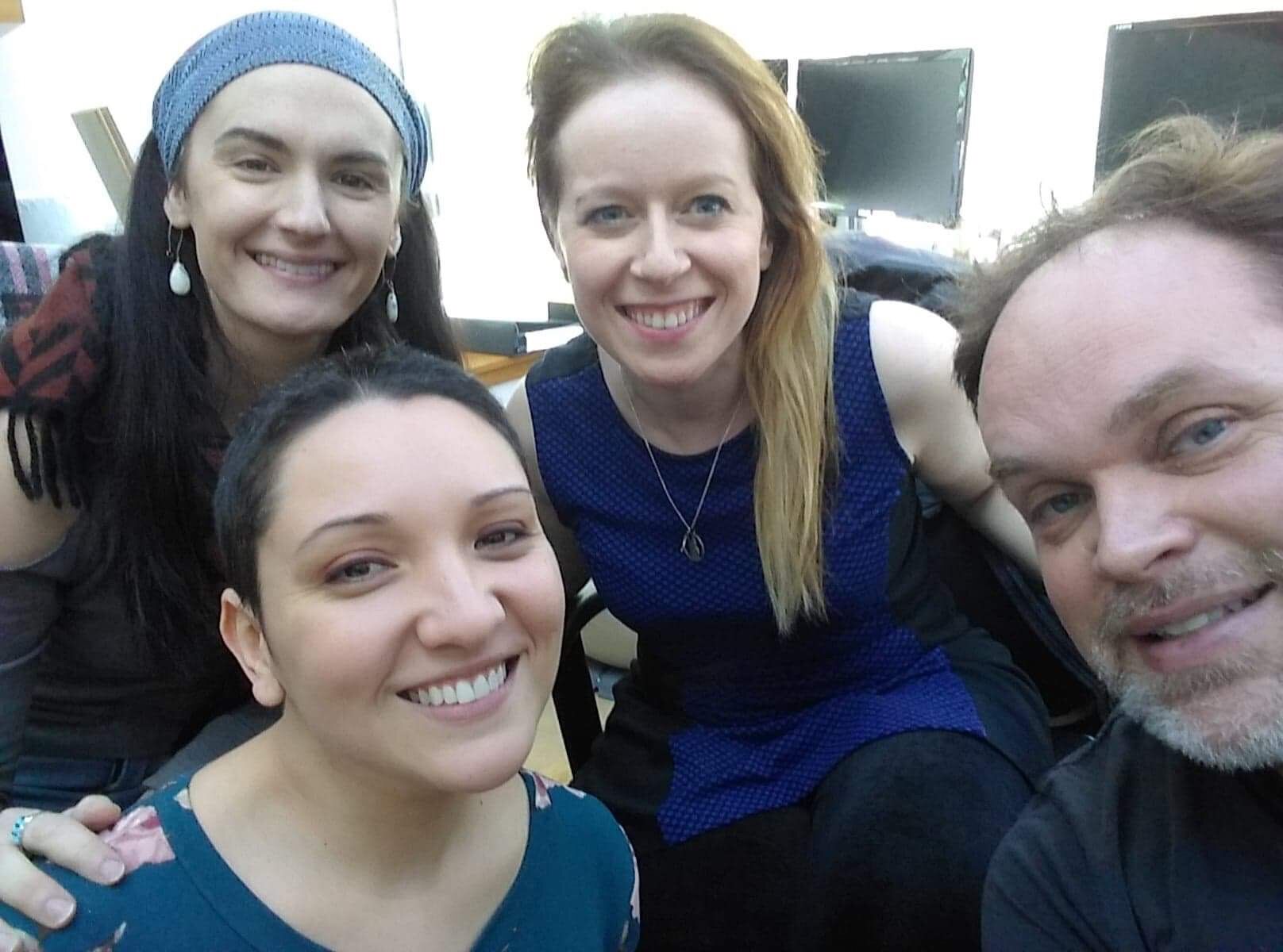 The cast of Rumpelstiltskin in the studio! Aliana de la Guardia (Rumpelstiltskin), Britt Brown (Gretchen), Emily Thorner (Miller), Brian Church (King).