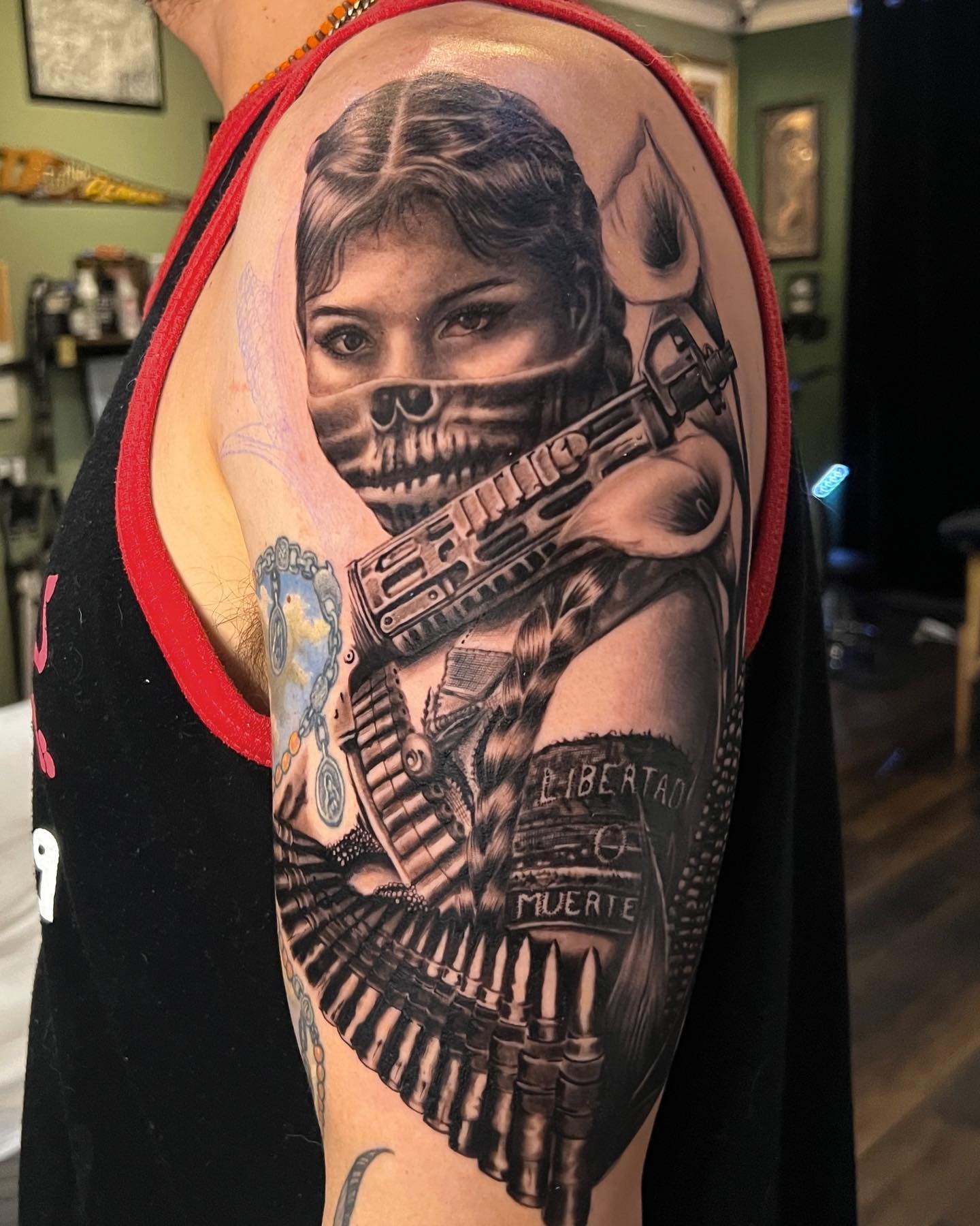 Some of @edison.ink &lsquo;s latest work.
Zapatista Guerrera ready to fight for the people.
Las mujeres son la Revoluci&oacute;n 

Reach out to him directly to book your next tattoo

#realism #blackandgreytattoo #prehispanic #prehispanico #bng #818va