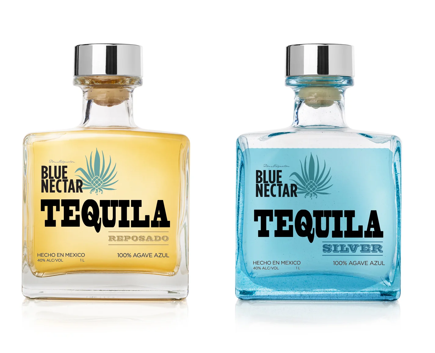 Blue Nectar Tequila - Refresh of a tequila brand that leverages a transparent label to allow the color of the product to show through. The bold serif type and square bottle are intended to evoke a southwestern masculinity.
