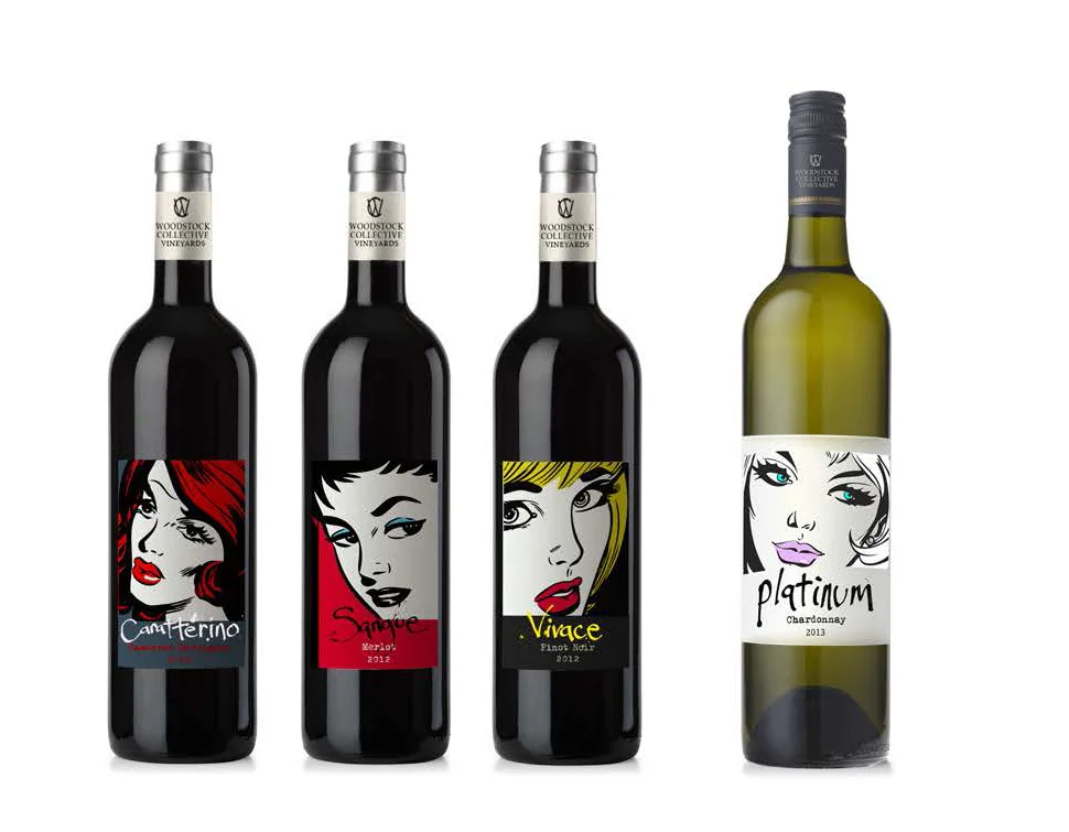Woodstock Collective Vinyards - A concept centered around a playful interpretation of each wine’s character, in this case literally becoming its own “character” in a pop-comic book style.