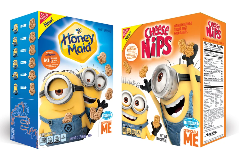 Despicable Me Nabisco - These designs successfully used proprietary assets arranged to appear as if interacting with the product in actual size. Relationship of scale was important as the licensed characters had to take up no less than 50% of the primary panel.
