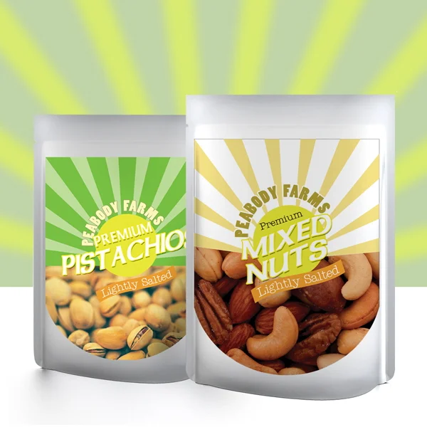 Peabody Farms Mixed Nuts - Stand up pouches with product visible through clear window. Brand consistency was achieved through the sun ray graphic elements with a color system to provide product differentiation.