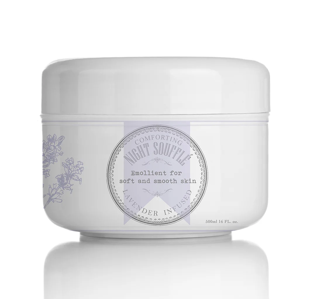 Lavender Infused Night Souffle - The use of a “lavender”color cues the featured ingredient while a gloss white jar sends a “fresh and clean” message.