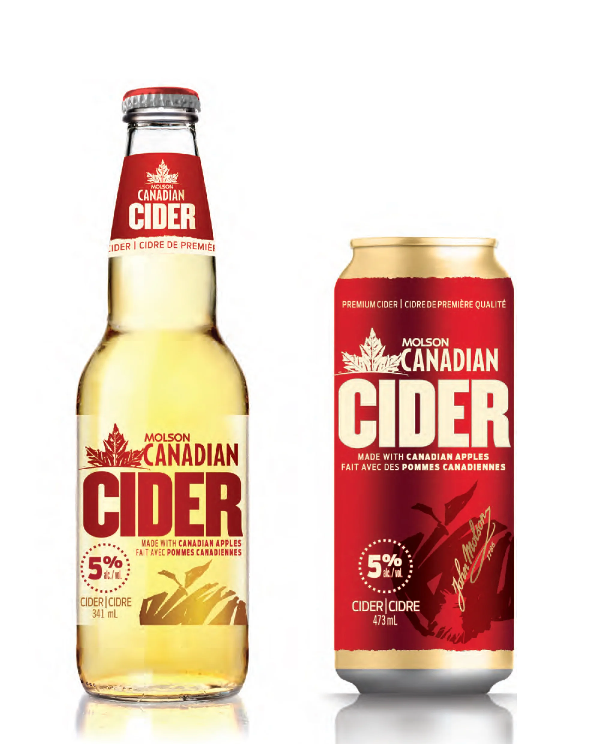 Molson Canadian Cider - The objective was to provide strong differentiation from their line of beer. This was accomplished with emphasis on the product identifier “cider” and impactful red graphics. The element of the apple further serves to provide a graphic cue.