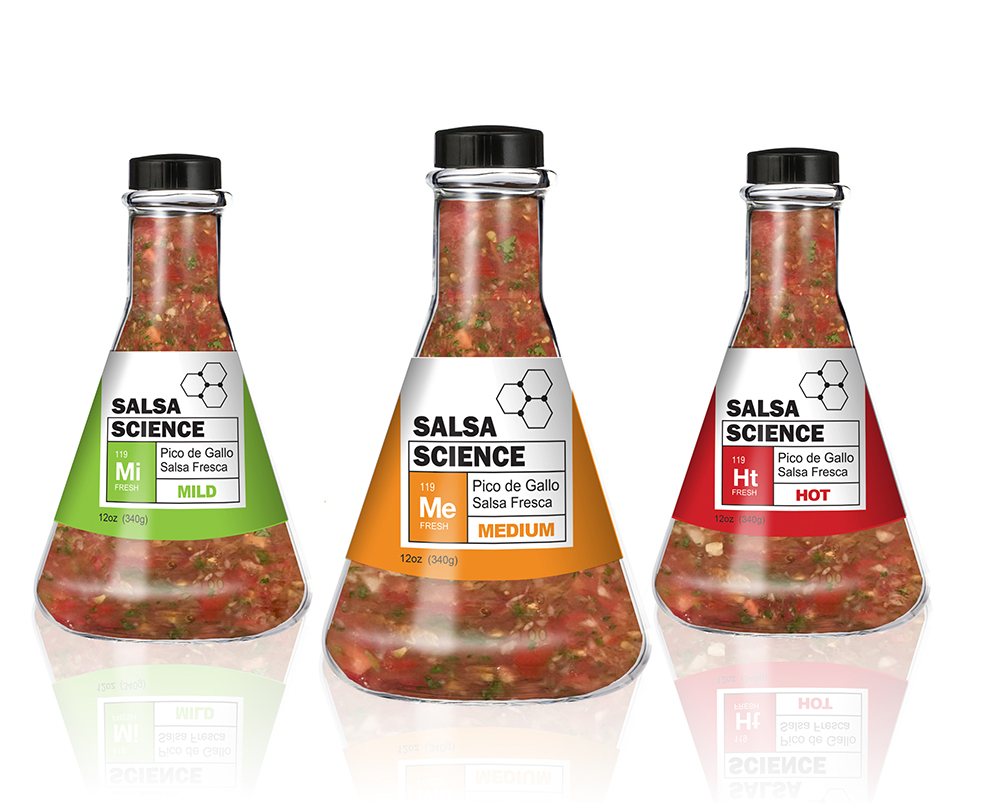 Salsa Science - This concept for a line of salsa leverages a unique beaker-shaped bottle and color-coded label system to evoke a special “secret formula” feel. The spice level abbreviations are meant to resemble listings of elements on the periodic table.