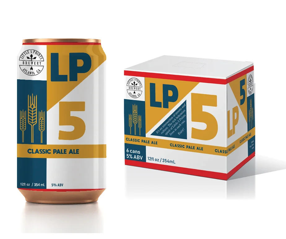Little 5 Points Classic Pale Ale - Primary and secondary packaging concept for a brewery based in the Little Five Points neighborhood of Atlanta. The angled lines of the color blocking are inspired by an aerial map view of the streets that converge to give the neighborhood its name.