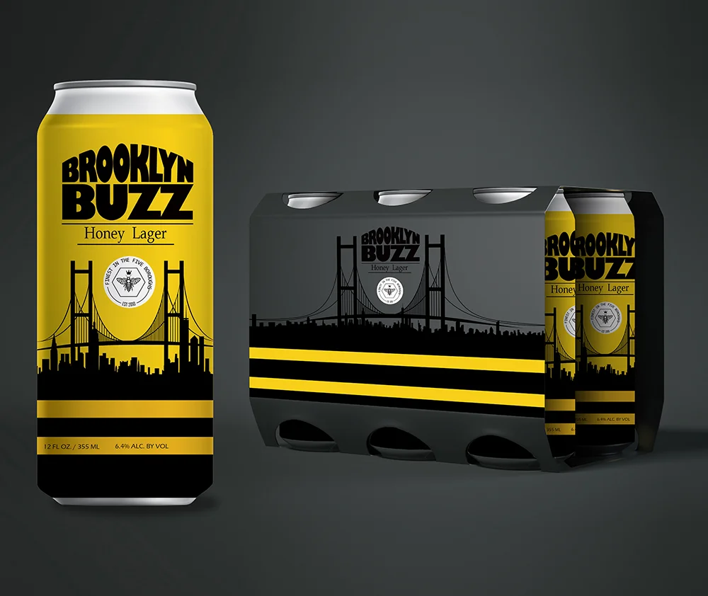 Brooklyn Buzz Honey Lager - Primary and secondary packaging concept for a honey lager. The bold black and yellow “bumble bee” striped color strategy; together with the name, hint at the product’s flavor. Gloss black on matte with accents of yellow on the carton give impact.