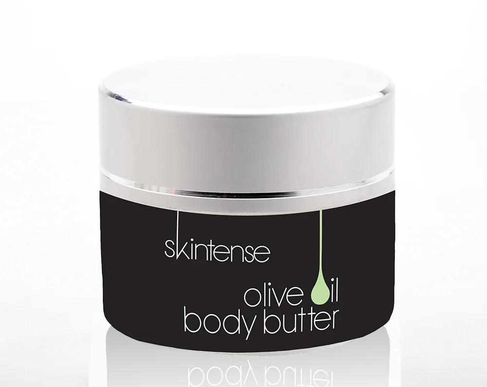 Skintense Olive Oil Body Butter - Research indicated that black was starting to cross over from the cosmetics sector into skincare. Stylized type was used for a proprietary look and a pale green drop provides the ingredient cue.