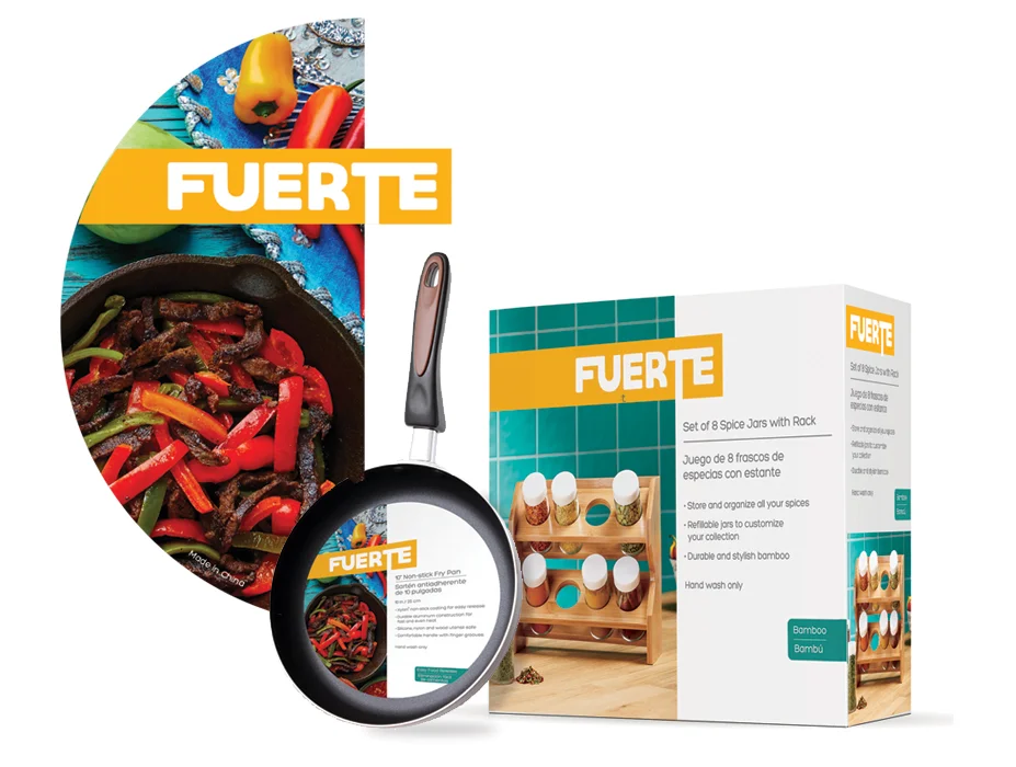 Fuerte - This is a line of cookware for the Spanish speaking market I was tasked with developing. The design is bi-lingual, and is built around a bisected composition with strong photographic background or product image over the left half.