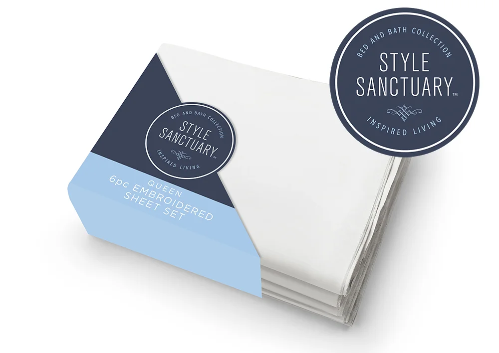 Style Sanctuary Sheets - This is for a retailer’s private label for sheets and other soft goods. The corner cradle box is something I had not seen in my research for sheets and stands out boldly on the shelf. I used the brand colors from the logo in creating clean lines that contrast the diagonal of the structure.