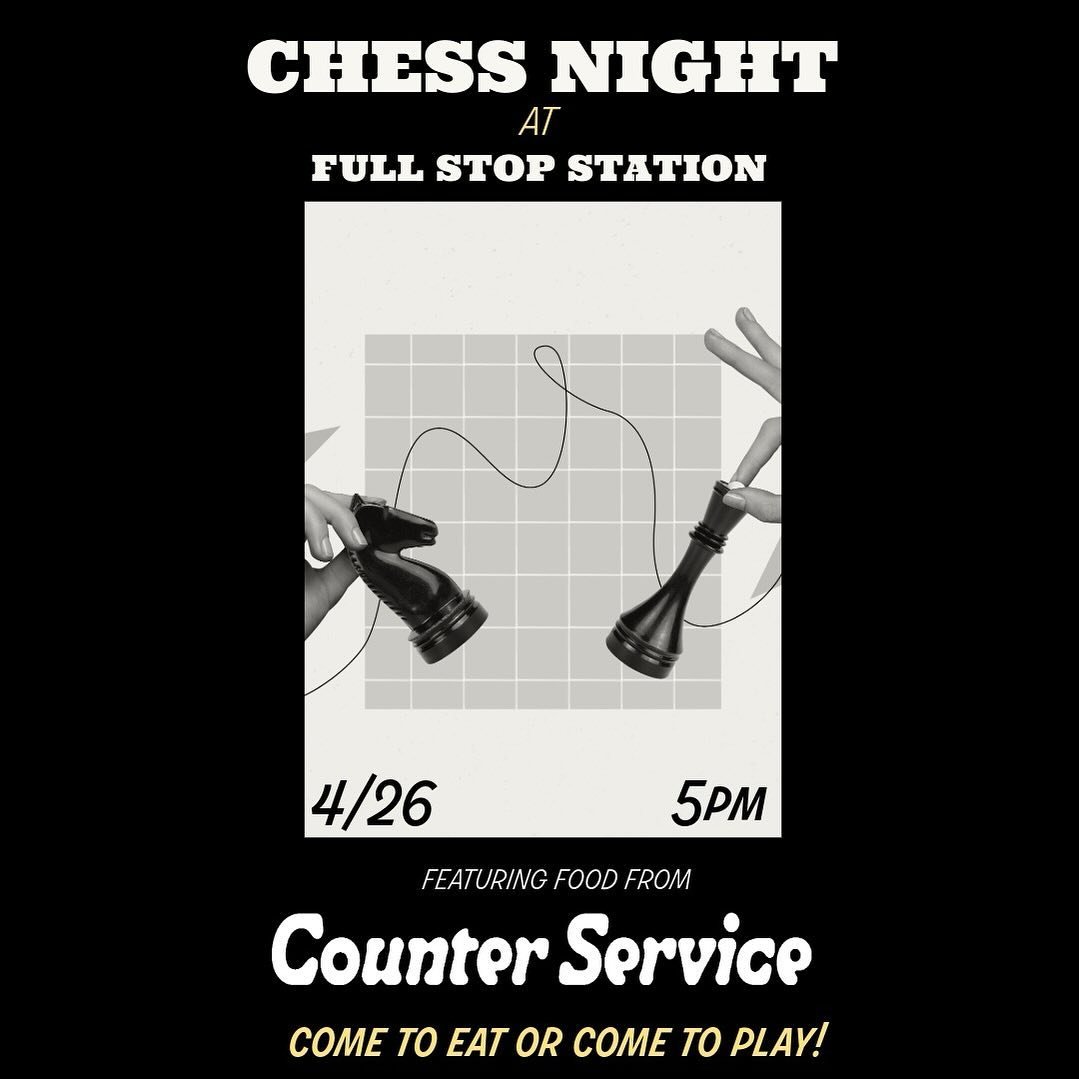 This week at Full Stop: Chess Night is back!!! @counterservice_ will be slingin&rsquo; snacks in the kitchen, we&rsquo;ll be serving up pour overs and beer, and you will be getting your Queens Gambit on. ♟️♟️♟️

Join us from 5-9! It&rsquo;s always a 