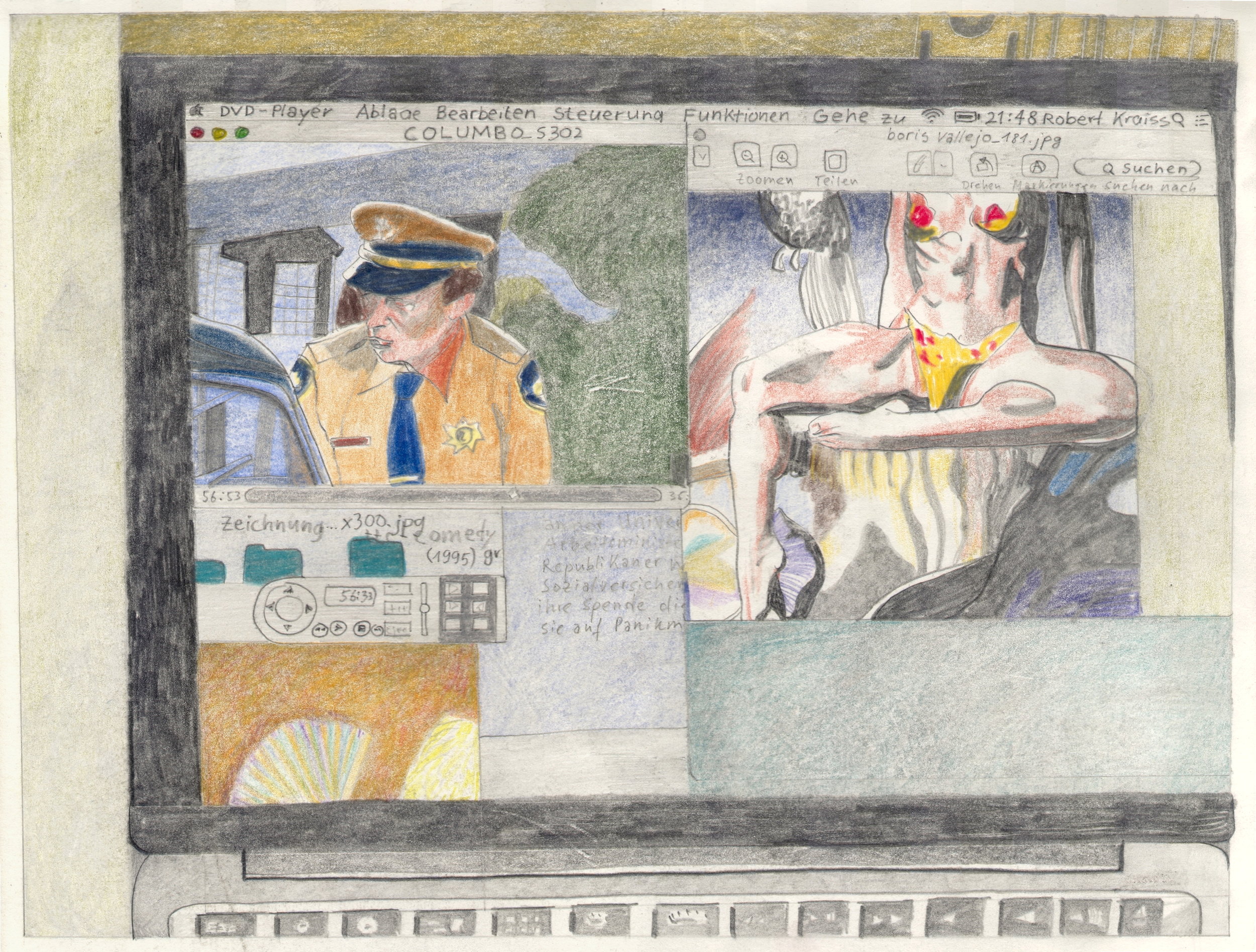  O.T. ( Computer Collage Fantasy und Columbo ), 2018  BleistiftBuntstift auf Papier, 26x35.5cm 