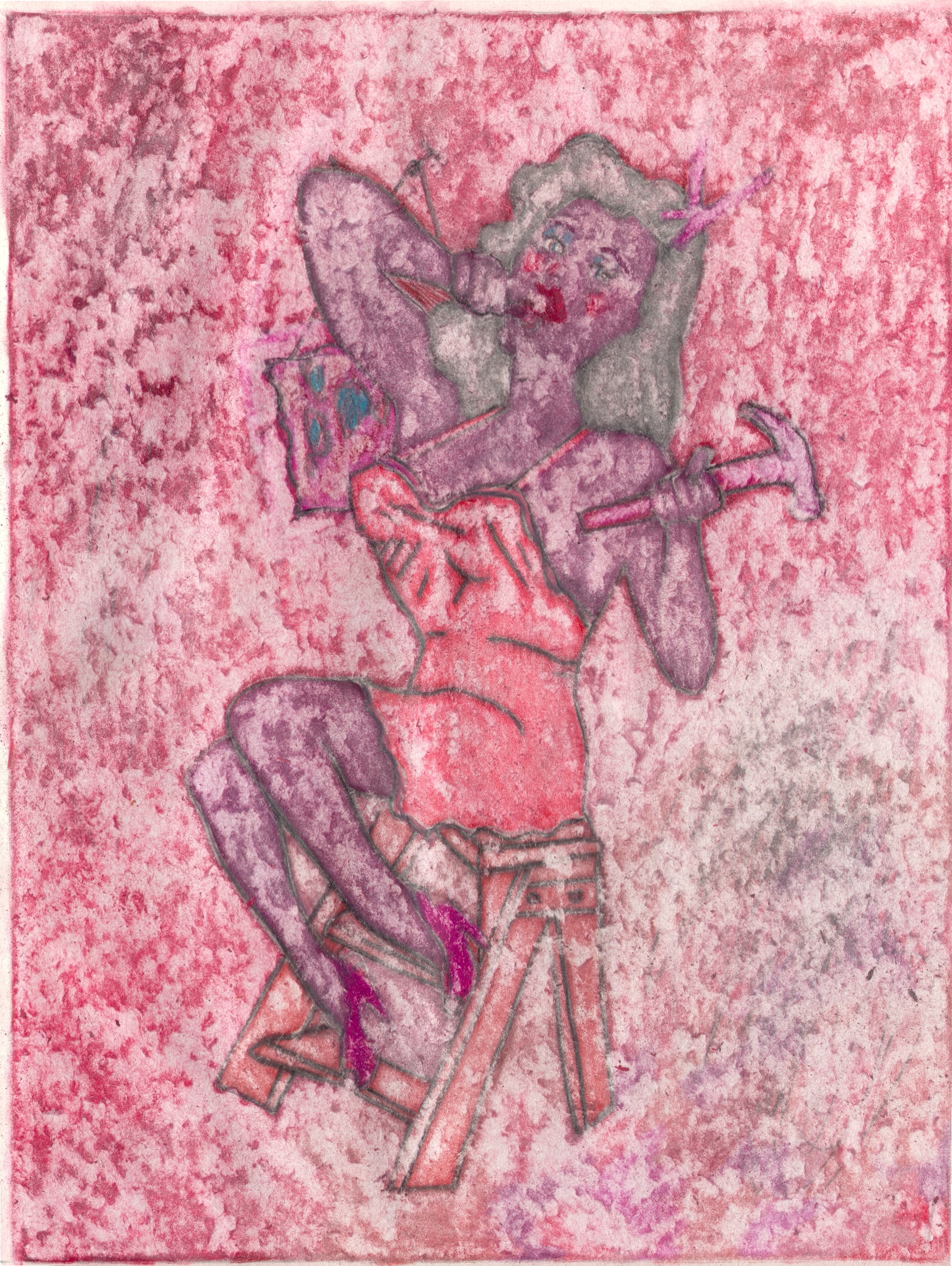  O.T. ( Pinup-Hammer - Red-Phase ), 2019  Bleistift Buntstift auf Papier, 26x35.5cm 