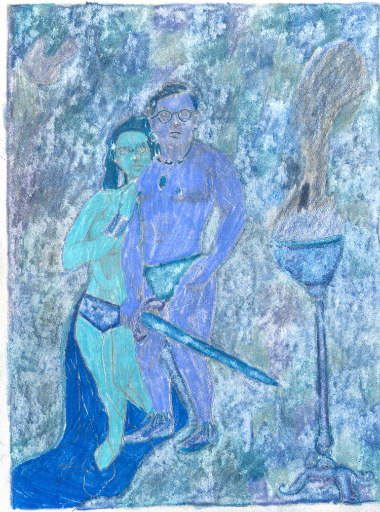  O.T ( Selbstportrait als Conan der Barbar ), 2019  Bleistift Buntstift auf Papier, 26x35.5cm 