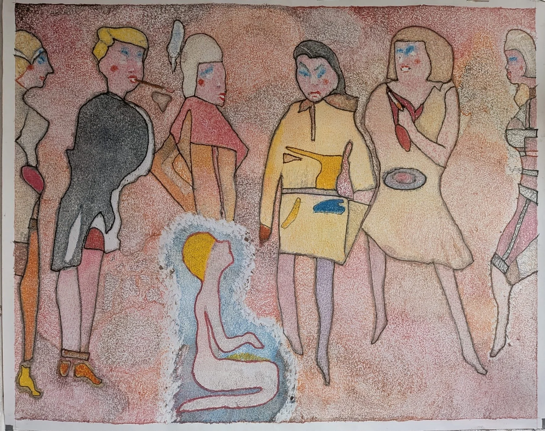  o.T. ( der Auserwählte, Duell vi, Ferdinand Hodler vs. Eric Stanton ), 2026  Buntstift auf Papier, 200x240cm 