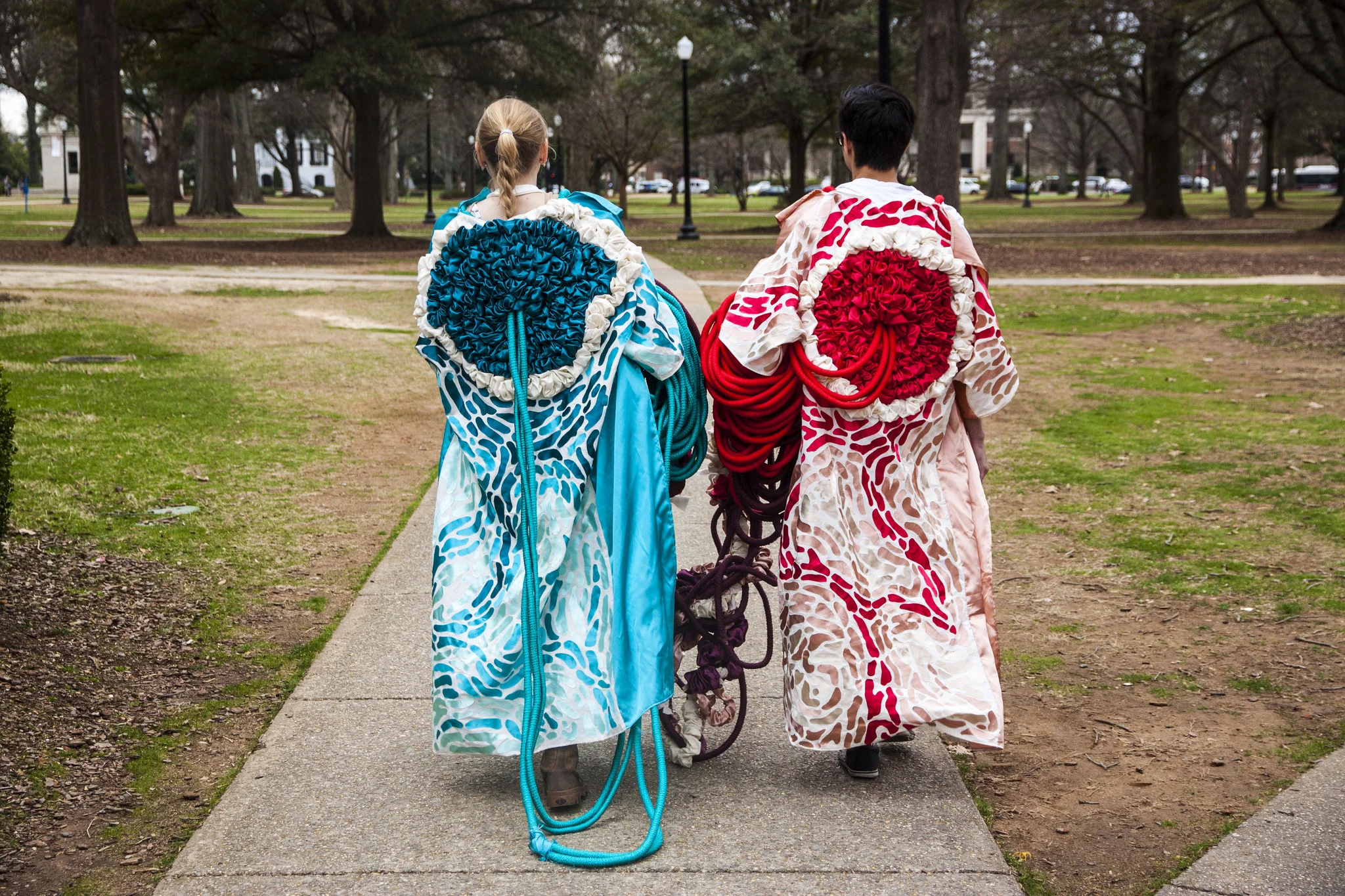   Together / Apart, 2015 . Performance. Cotton piping, fabric, macrame, hot glue. 